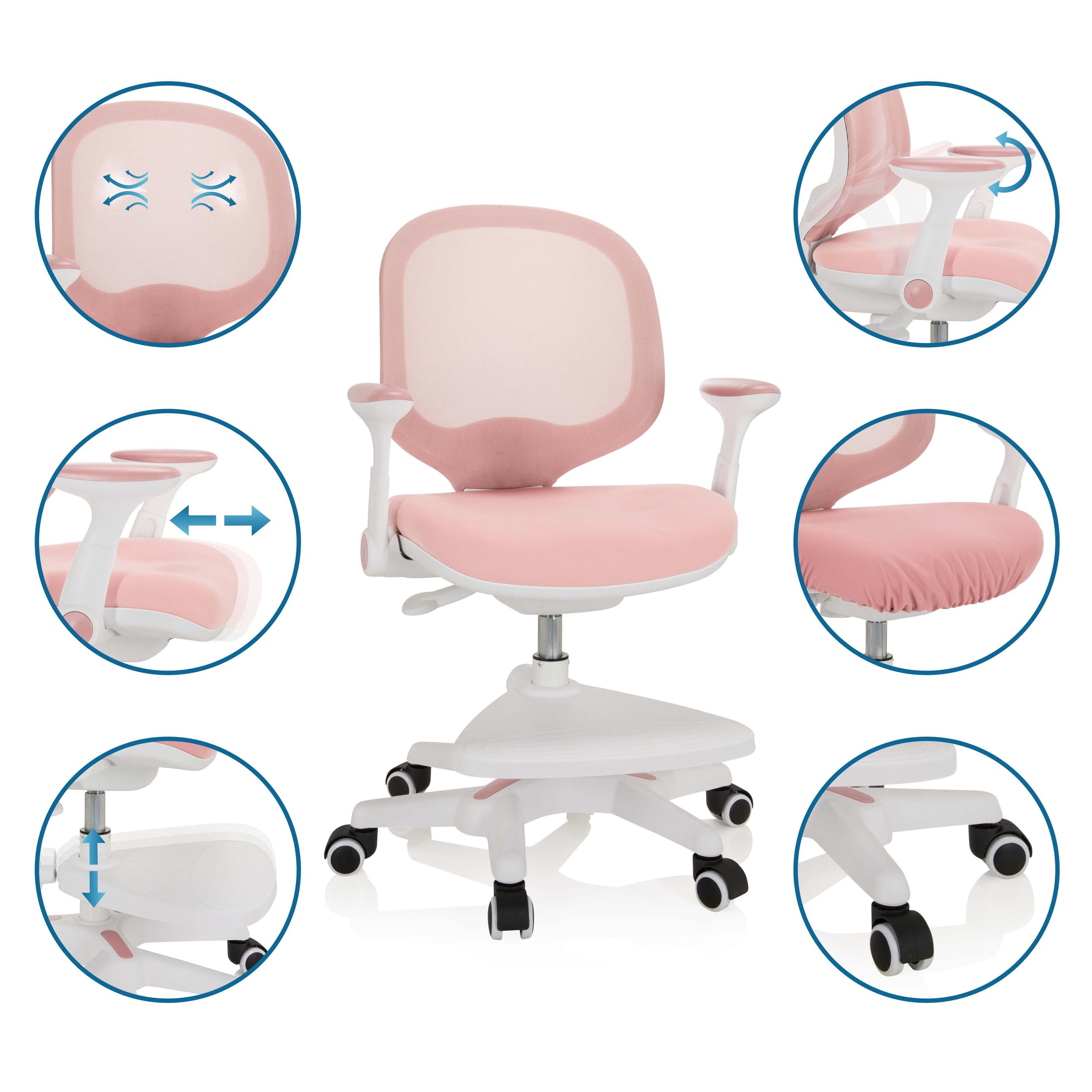 hjh OFFICE 736412 Kinder Schreibtischstuhl Kid Ergo Stoff/Netz Kinderstuhl mit Fußablage, Armlehnen klappbar, Rosa/Weiß
