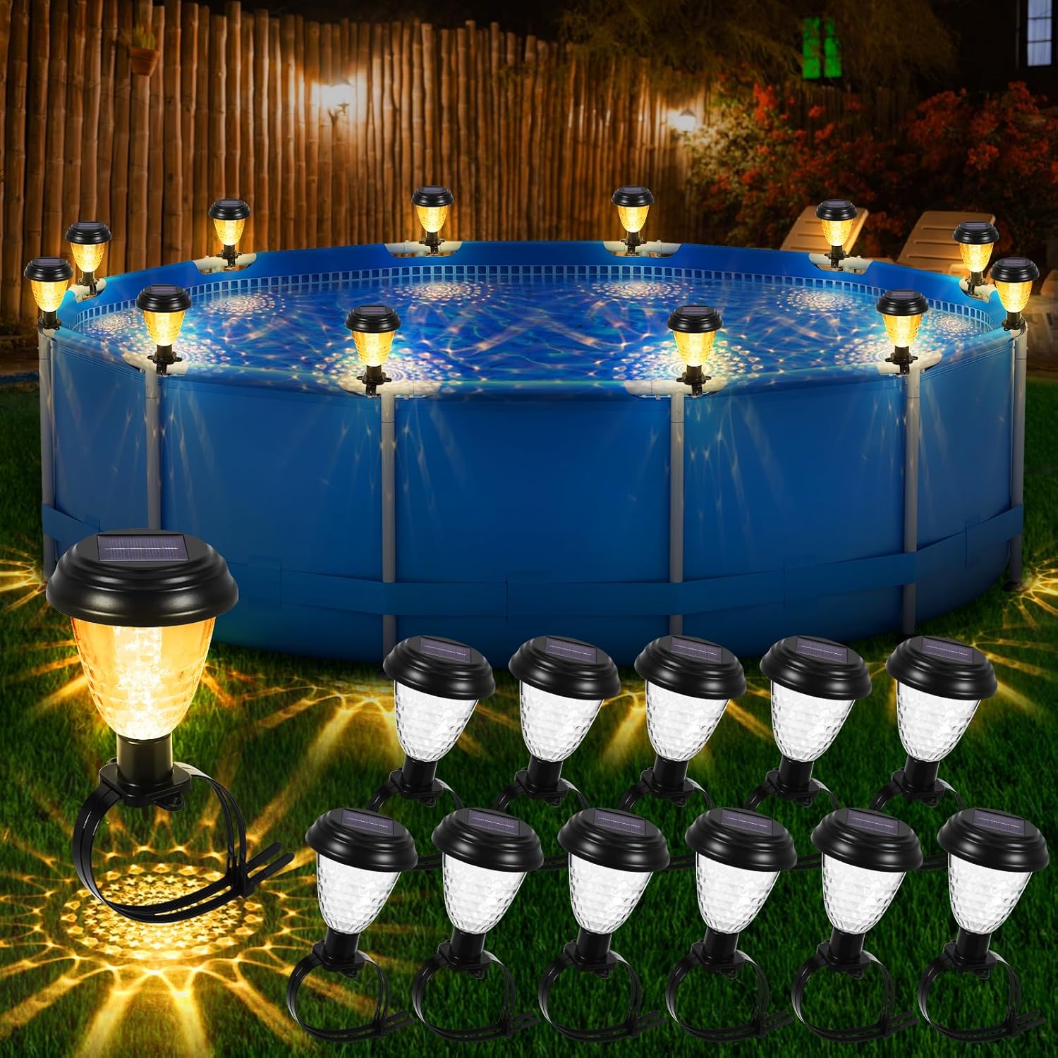 Solar Framed Pool Light, Pool Enclosure Lighting for Above Ground Pool, 12Pcs Garden Fence Outdoor Waterproof Solar Lights at Night for Swimming Pool Trampoline Decoration, Yellow Warm Lights