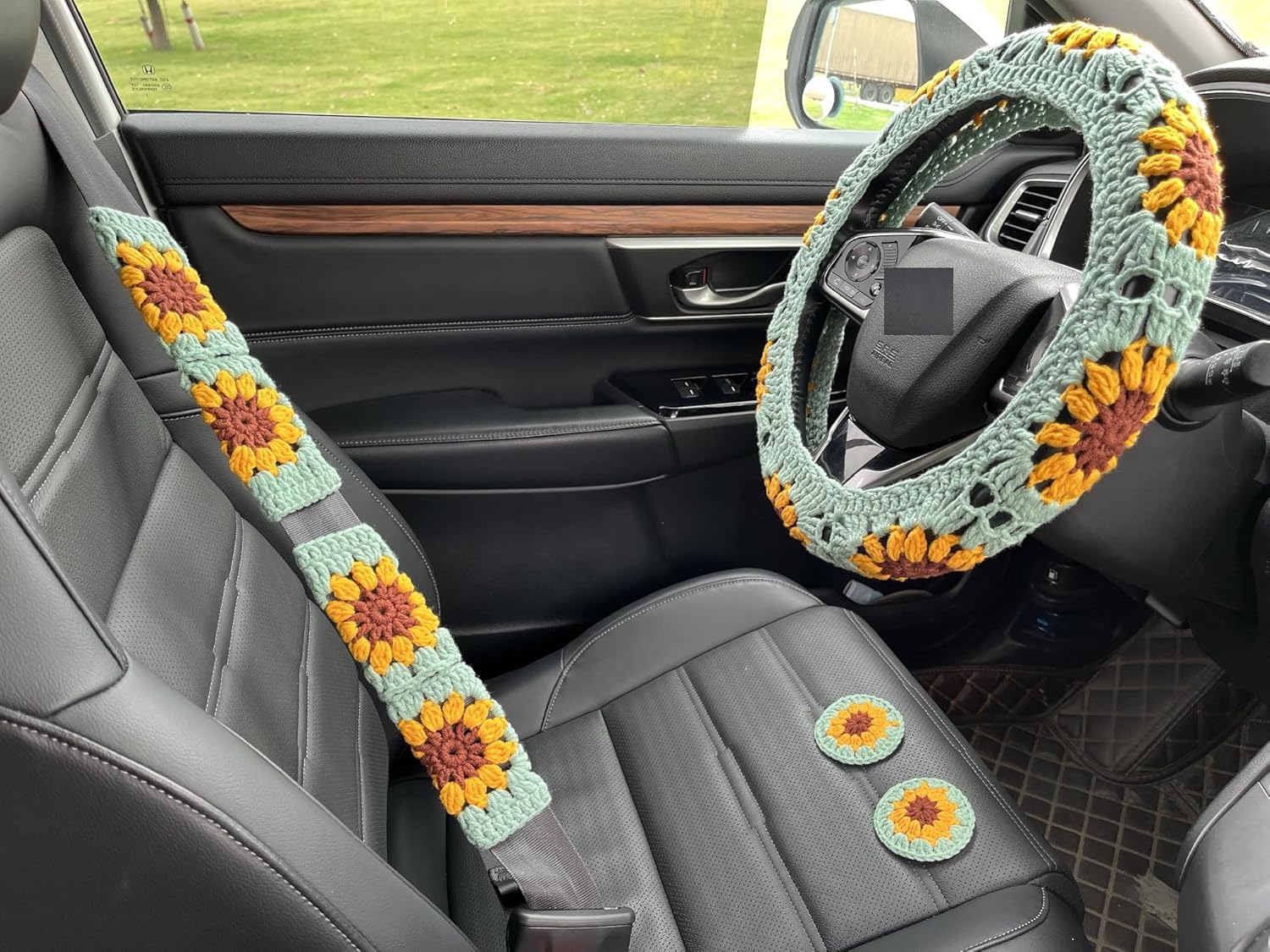 Handmade Crochet Sunflower Car Steering Wheel Covers Green/Yellow Universal 14-15 inch for Women/Men (Wheel Covers+2belt Covers+2Car Coasters+Strawberry)