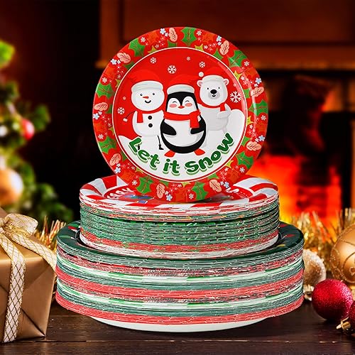 Miniatura 6 de 100 platos de papel de Navidad, redondos, desechables, suministros de fiesta de Navidad con colorido diseño de árbol de Papá Noel, alce, muñeco de