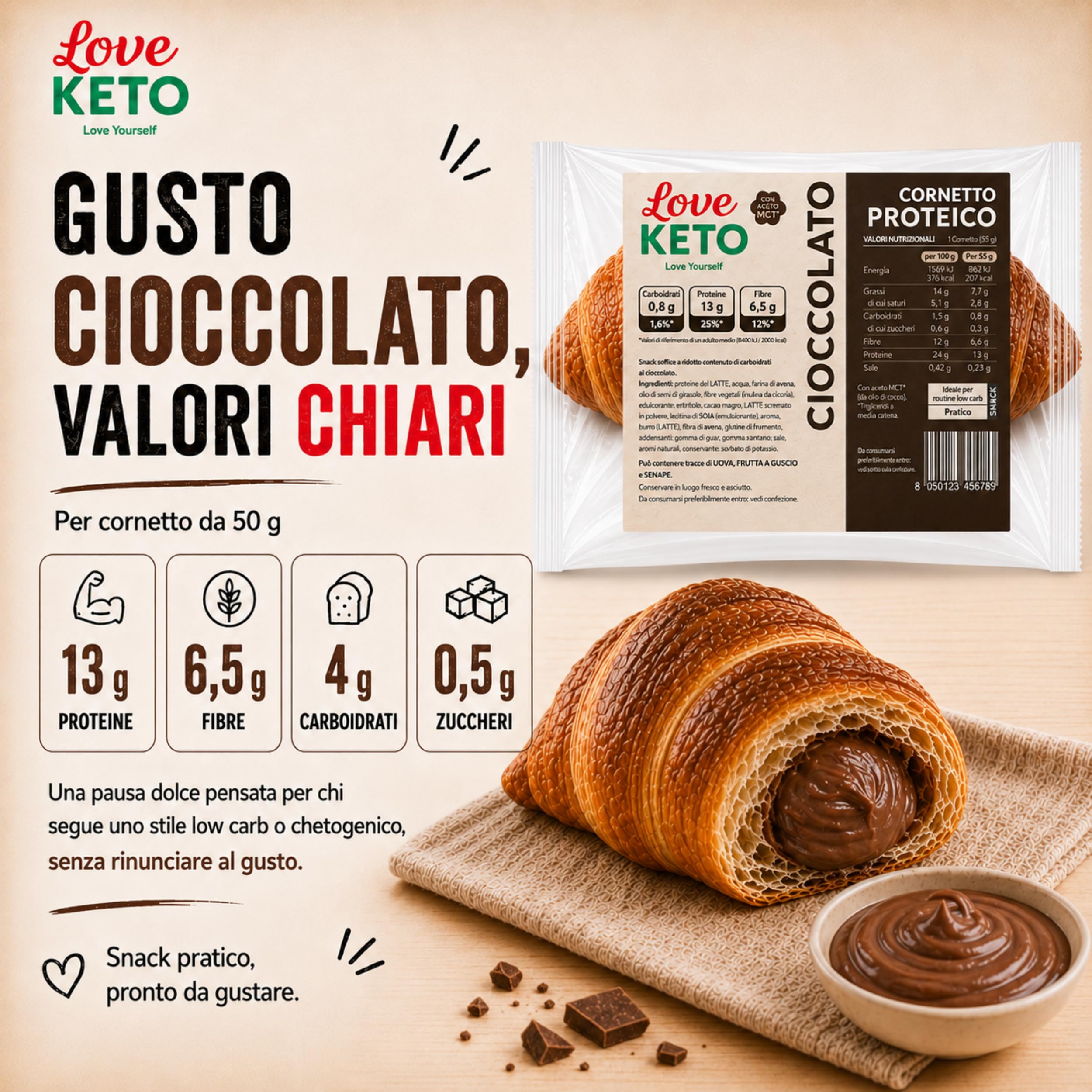Cornetti proteici low carb ripieni al cioccolato 20 confezioni da 50gr - Made in Italy