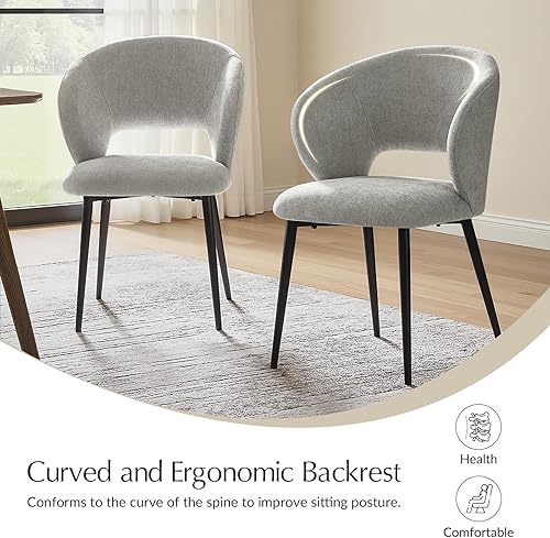 Miniatura 4 de HULALA HOME Juego de 2 sillas de comedor modernas, tapizadas de tela gris con reposabrazos, patas de metal, respaldo curvado, sillas laterales