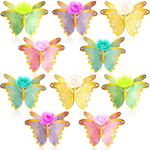 XunYee 10 centros de mesa de mariposa dorada para mesas, decoraciones de fiesta de mariposa con 10 cabezas de flores sintéticas, suministros de