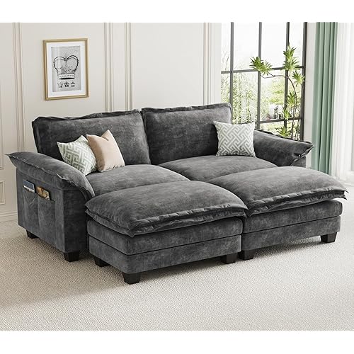 KKL Modular Sectional Sofa Bed, 4 Seater Cloud Couch with Ottoman, Chenille Sectional Couches for Living Room, Apartment,Grey