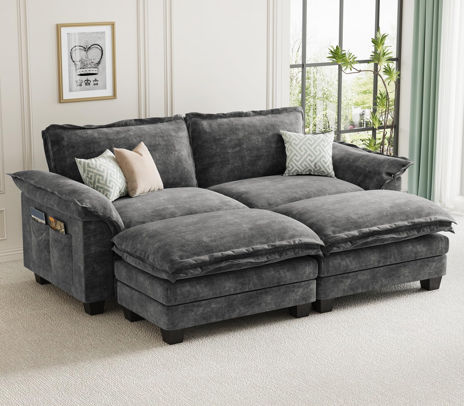 KKL Modular Sectional Sofa Bed, 4 Seater Cloud Couch with Ottoman, Chenille Sectional Couches for Living Room, Apartment,Grey