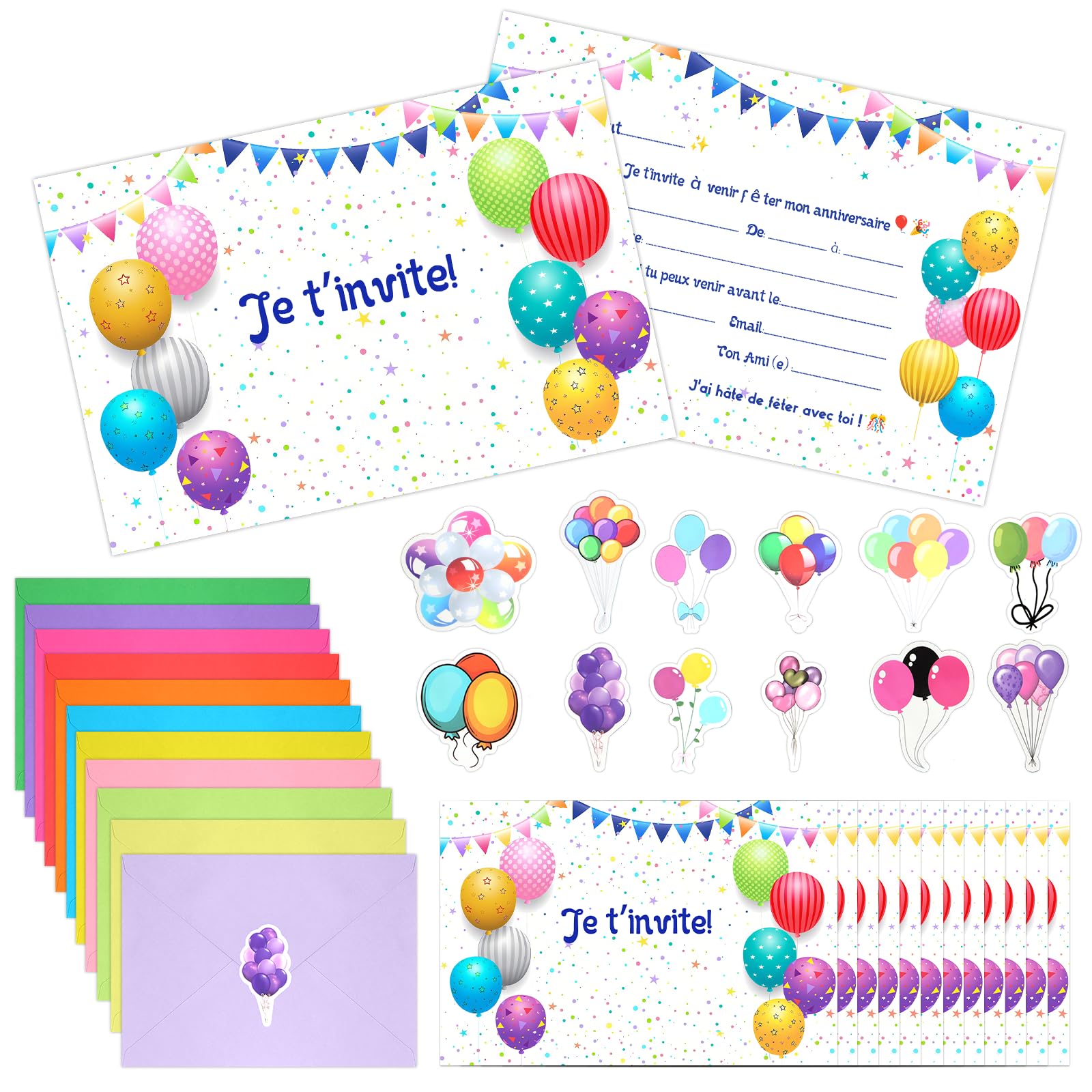 Scettar 12 Cartes Invitation Anniversaire Fille Ballons colorés thème, avec 12 Couleur Enveloppes anniversaire Enfant, Pour Invitations de fête,Anniversaire