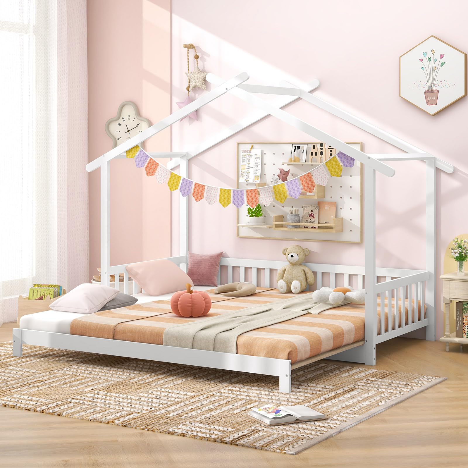 Giantex Twin to King Extendable Daybed, Wooden House Bed for Kids with Roof & Fence Rails, Twin Floor Day Bed for Teens, Boys & Girls, No Box Spring Needed, White