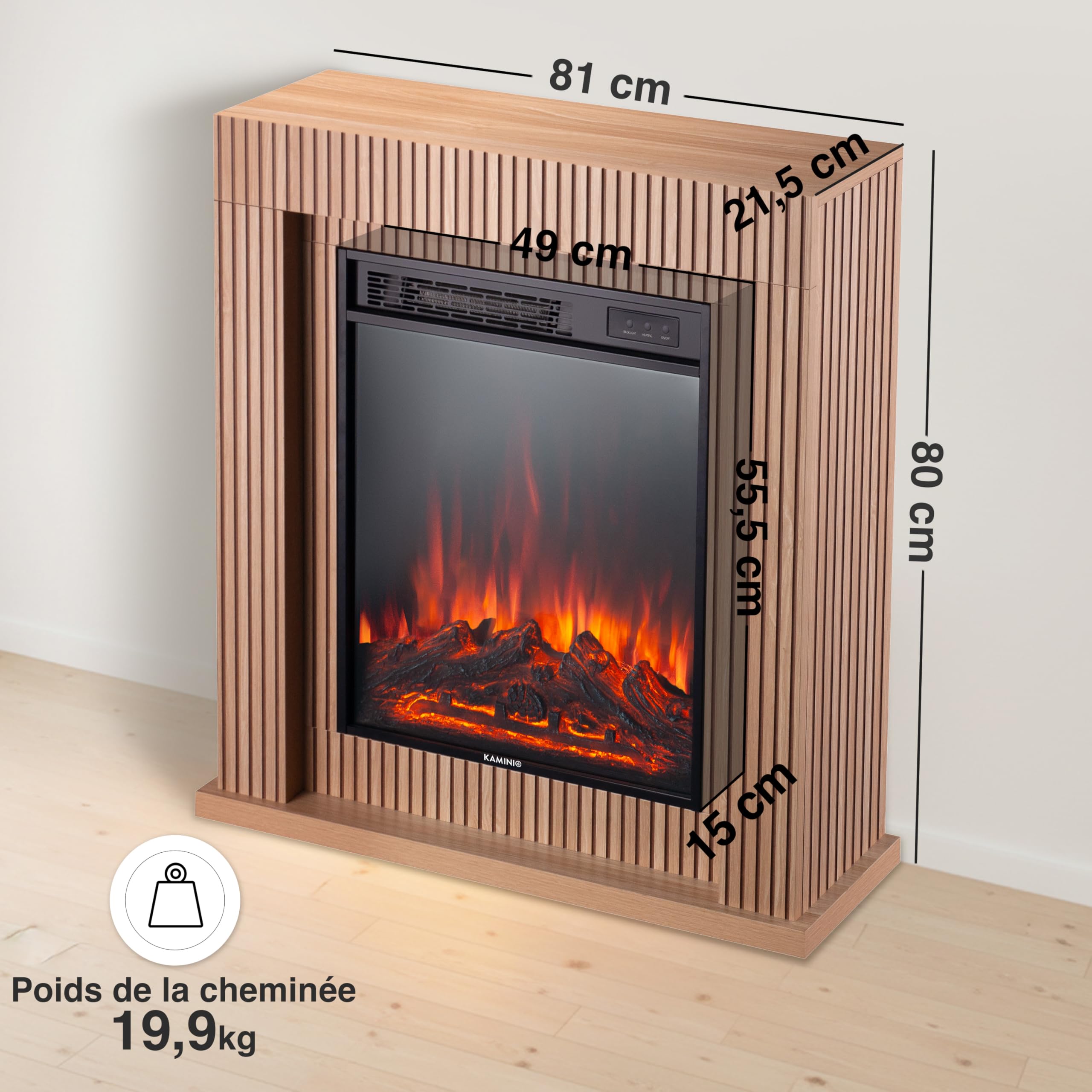 KAMINIO Cheminée électrique Matti - Cheminée sur Pied avec Chauffage, Effet de Flamme 3D, lumière d'ambiance LED, télécommande - 32 Pouces (Panneau)