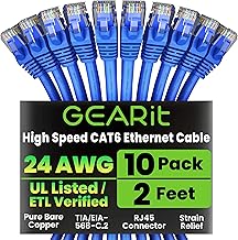 GEARit Cat 6 Ethernet Cable Pack - 10-Pack 2 ft Cat6 Ethernet Patch Cables | RJ45 Network Patch Cable, 10 Gbps Snagless Gold-Plated Connectors - Ethernet Cable Cat 6 for PC, TV, Router - Blue