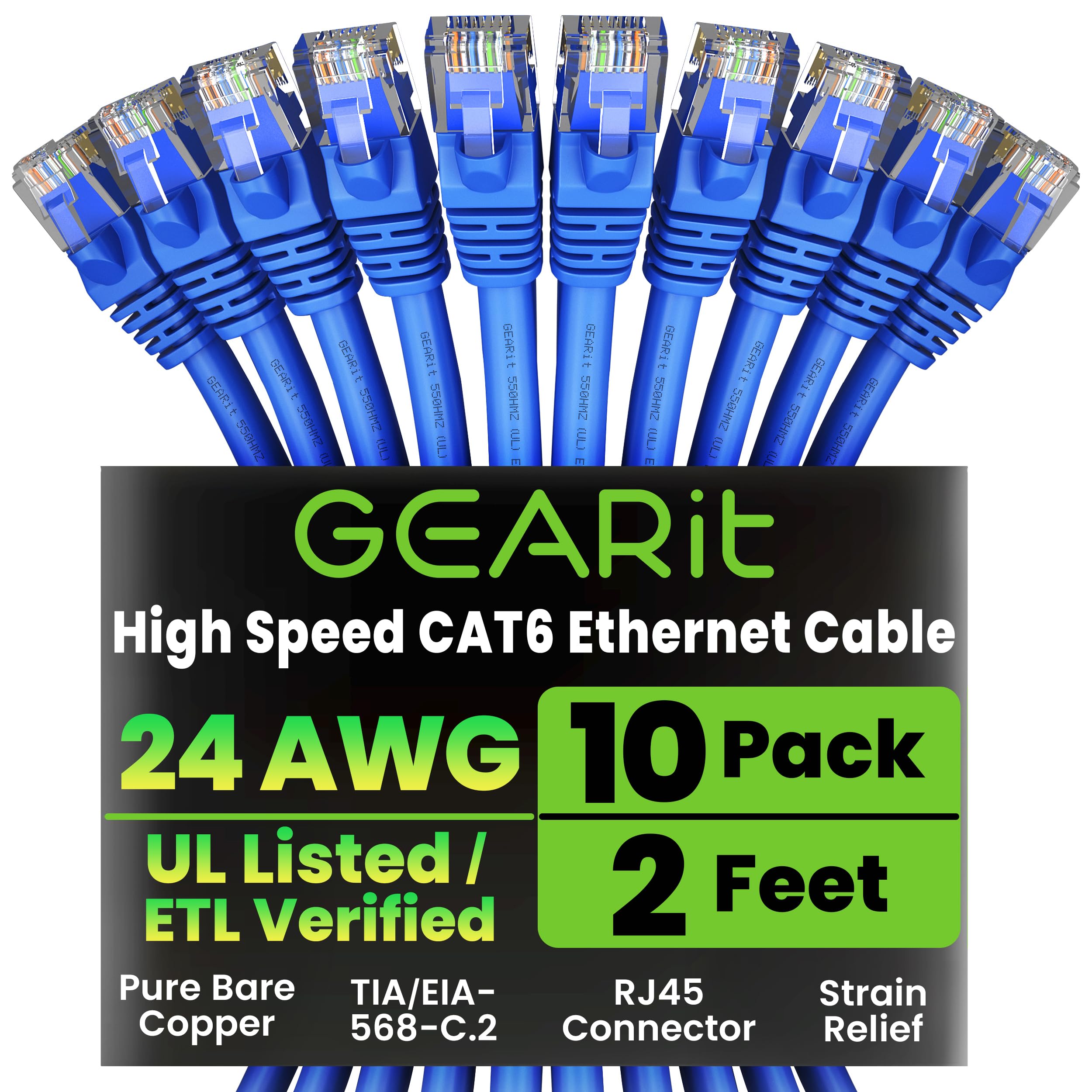 GearIT 10 Pack, Cat 6 Ethernet Cable Cat6 Snagless Patch 2 Feet - Computer LAN Network Cord, Blue - Compatible with 10 Port Switch POE 10port Gigabit