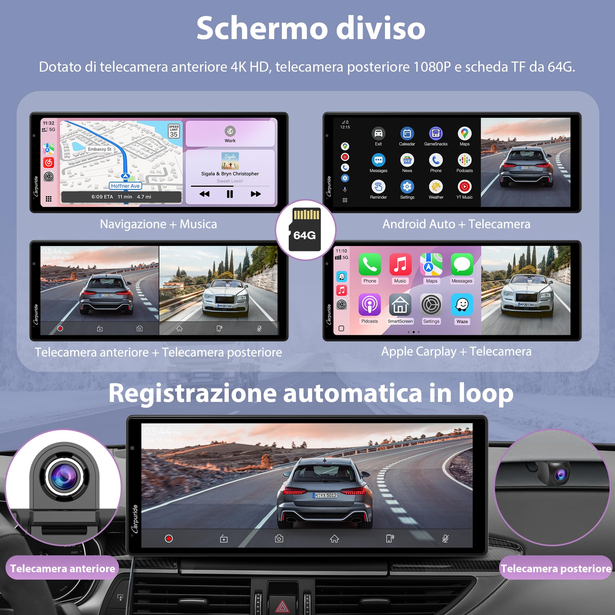 Carpuride Wireless Carplay e Android Auto con Dash Cam - Schermo touch HD da 10,26" per Auto, Telecamera Anteriore 4K e Posteriore 1080P, Registrazione in Loop, Audio Bluetooth, Mirror Link, Siri