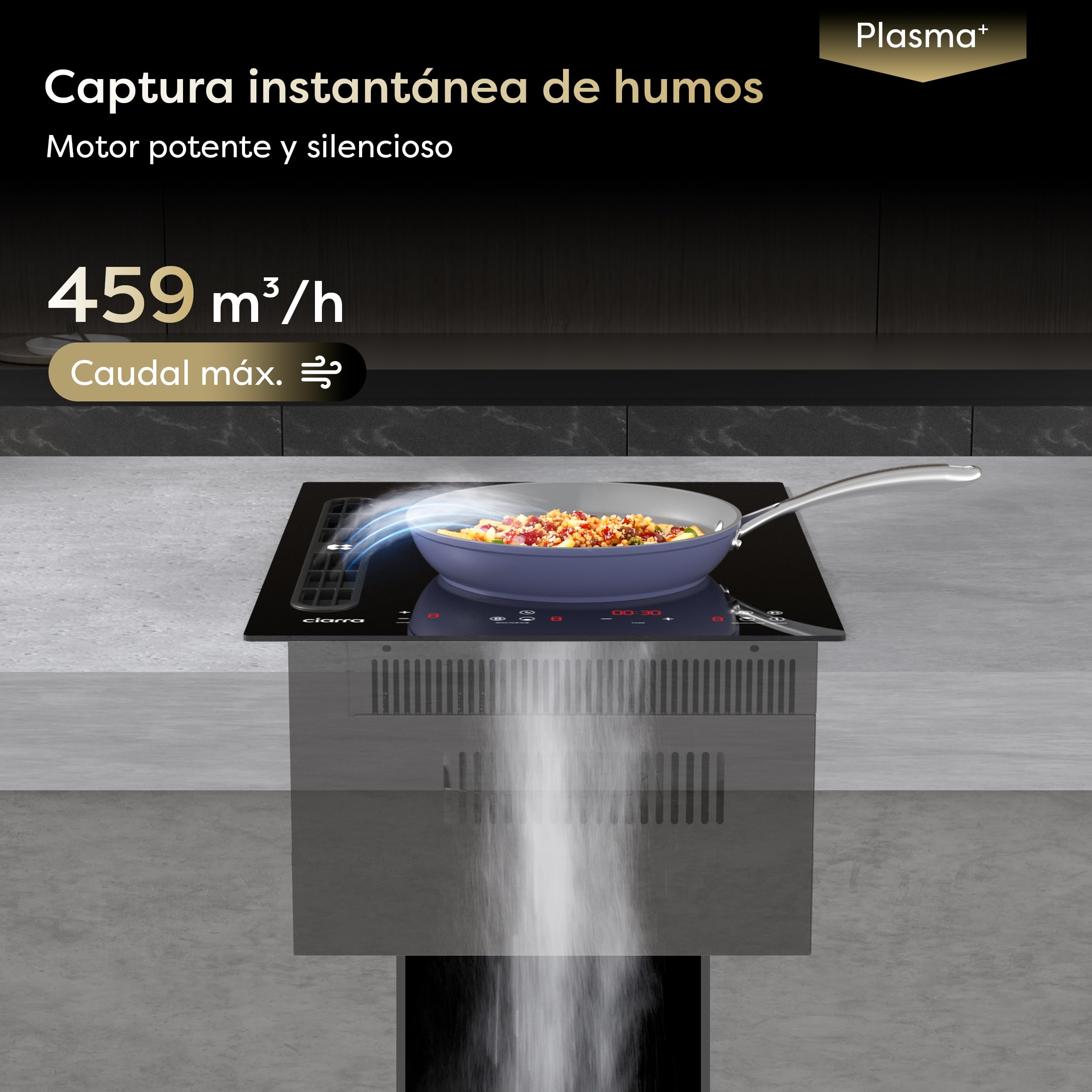 CIARRA CBBEH392B Placa Inducción con Extractor Integrado 39cm | Placa de inducción 2 placas| 3200W | Booster | Filtración por Plasma Avanzada, Booster, Función Pausa, Bloqueo Infantil