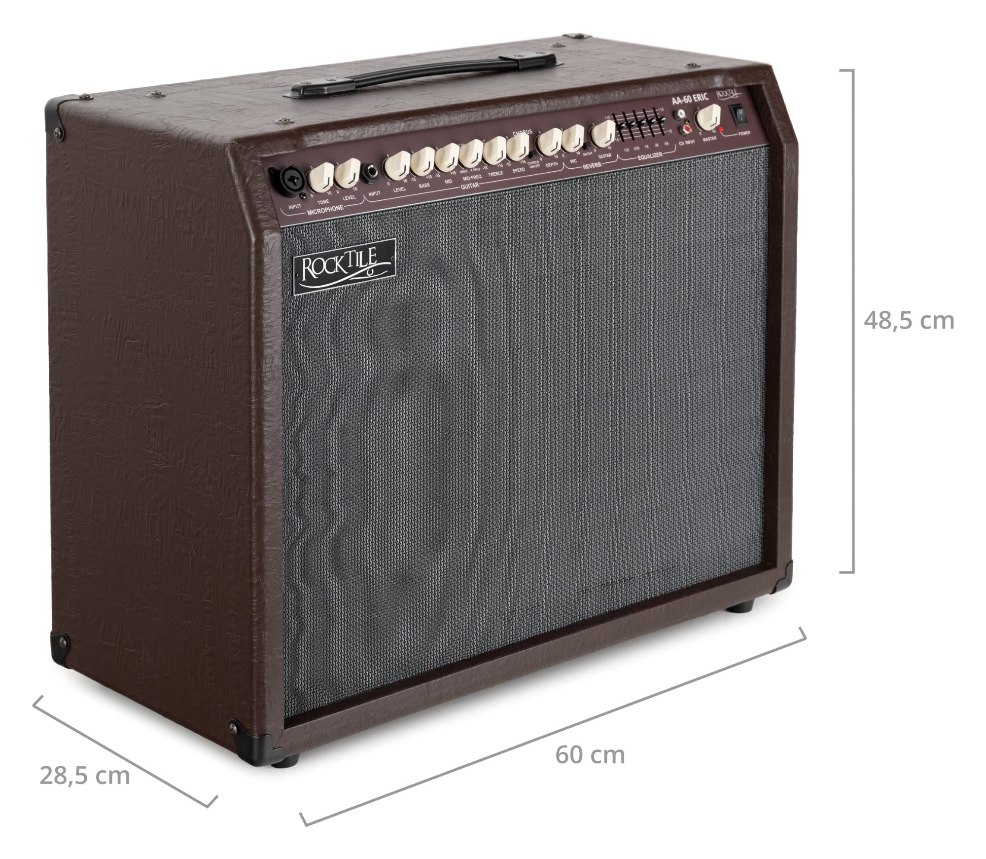 Rocktile AA-60 BN Eric Akustikverstärker - 60 Watt - 2 Kanäle (Mikrofon und Gitarre) - 2X 10 Speaker + 2,5" Hochtöner - AUX-Eingang und Line Out - Chorus- und Hall-Effekt - Braun