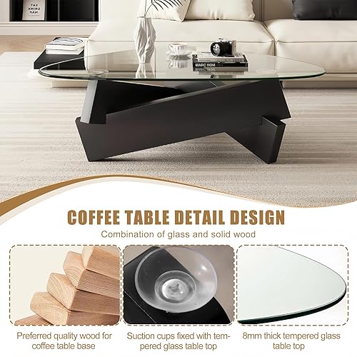 Miniatura 4 de Mesa de centro moderna de cristal triangular de mediados de siglo, mesa central negra con parte superior de vidrio templado, mesa de té de madera