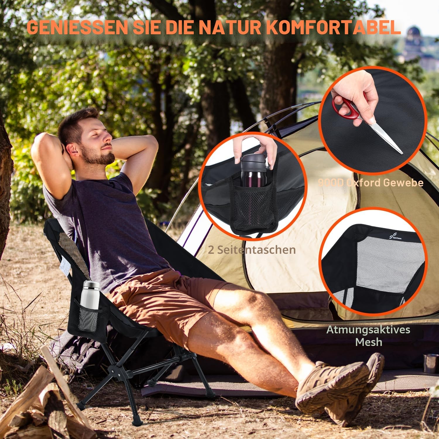 Campingstuhl Faltbar, Campingstuhl Kleines Packmaß Ultraleicht 1.1KG Klappbar Leicht Tragfähigkeit 150 Kg, 60cm Breit Camping Chair mit 2 