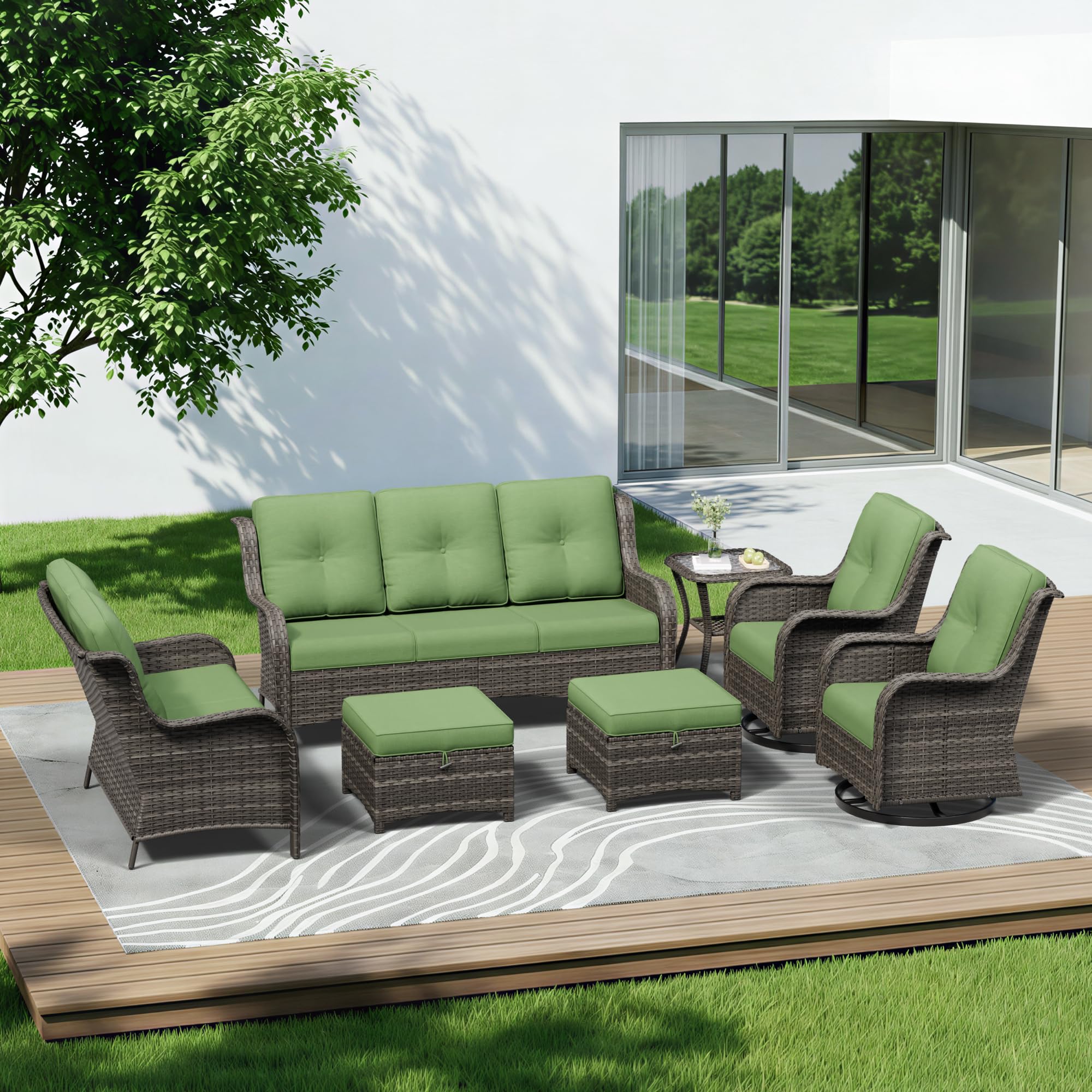 7 Piece Outdoor Wicker Patio Furniture Set, Outdoor Swivel Rocker Patio Chairs Set with Thickened Olefin Cushions, High Back and Deep Seating, Hand-Woven PE Rattan for Porch, Deck