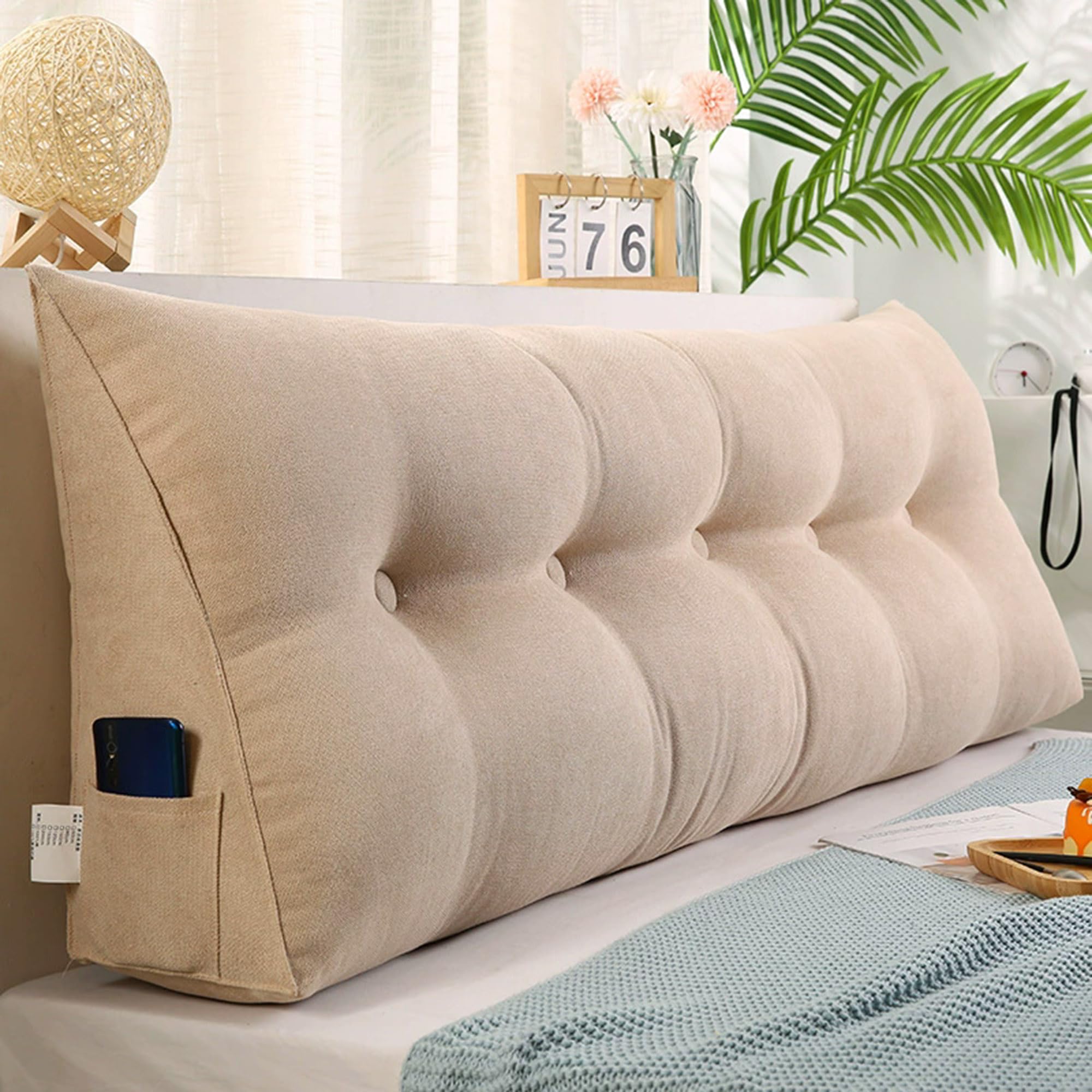 Hruile Large Headboard Triangular Reading Pillow, Wedge Lumbar Pillow, Bed Rest Reading Bolster with Zipper, Headboard Backrest Support Cushion for Bed, Sofa, Chair (150x50x20cm,Beige)