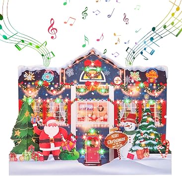 MZD8391 3D Pop Up Christmas Cards with Music and Lights, Animated Christmas Card, Playing 3 Songs with 3 Matching Lights Blinking Modes Envelope Included