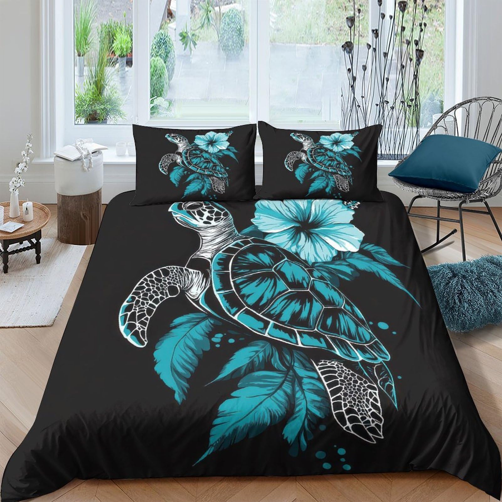Ctjqhvkz Style-3 3D Printed Sea Turtle Fitted Sheet Microfiber Soft Blue Floral Mattress Cover For Bedroom Dorm Decorative Protection Single（135X200cm）