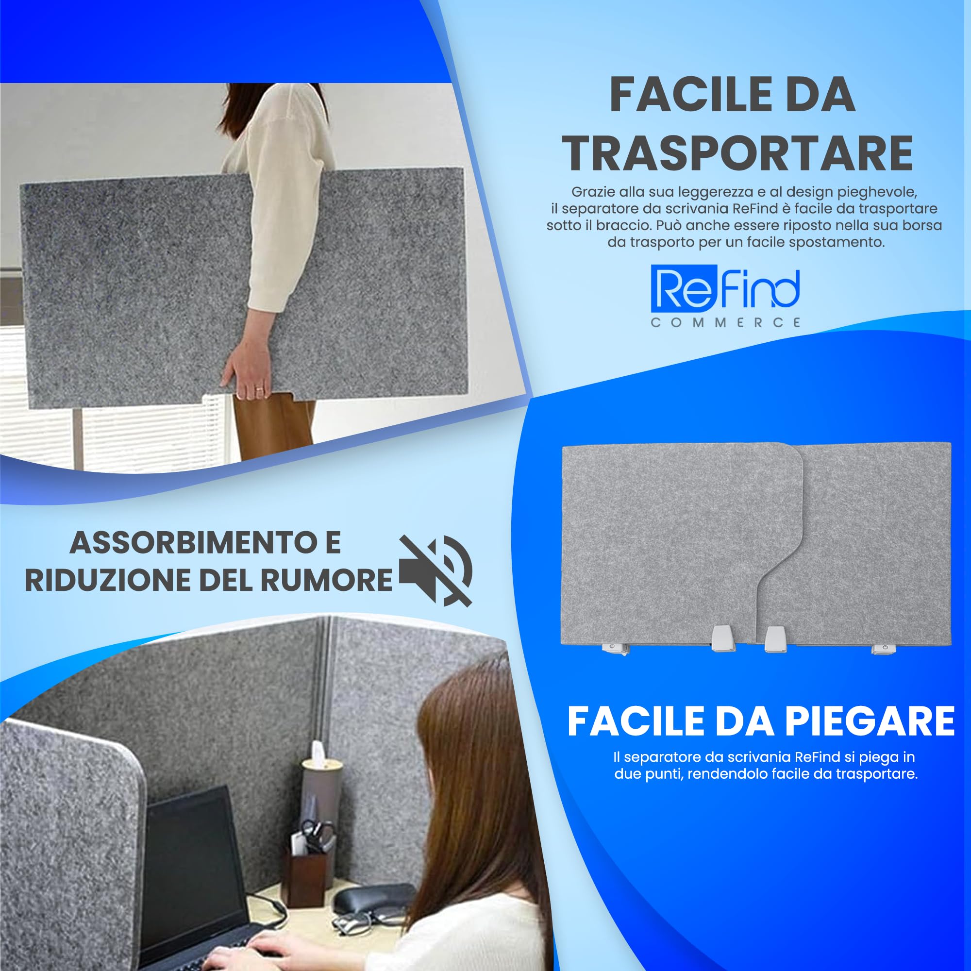 Divisore da scrivania ReFind Pro. Riduzione del rumore acustico e schermo pieghevole per la privacy. Organizzatore da ufficio autoportante. Per scrivanie d'ufficio, scuola e lavoro da casa. [50cm ...