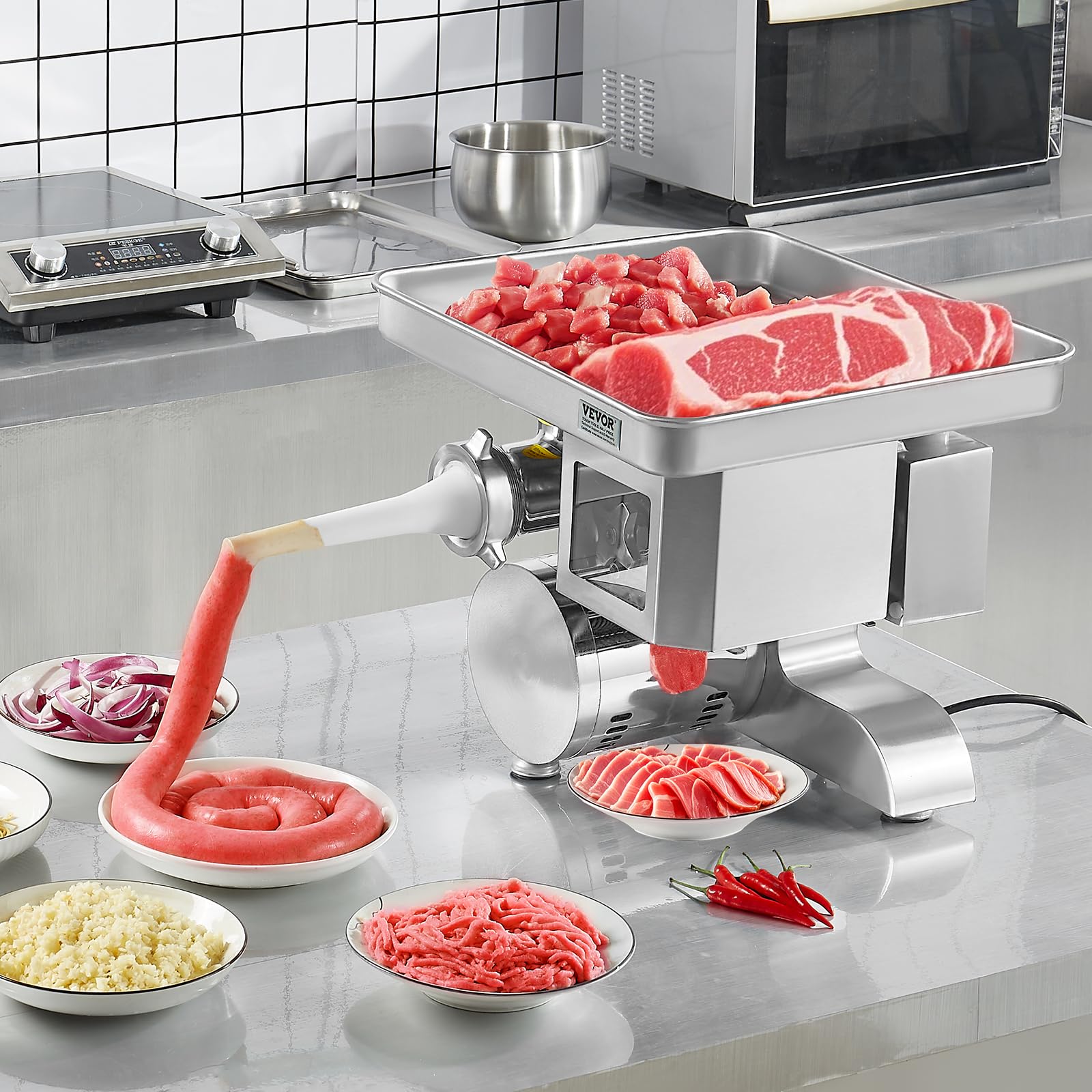 VEVOR Tritacarne Elettrico 4,98 kg/min Insaccatrice per Salsicce con Lama, Piastra di Macinazione, Macchina per Salsicce, Tritacarne Commerciale in Acciaio Inox per Affettare, Macellaio di Ristoranti