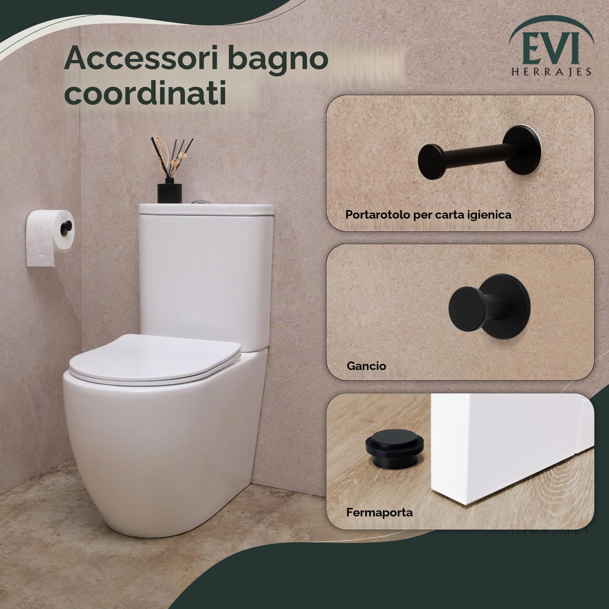 EVI Herrajes | Portarotolo di carta igienica nera | Autoadesivo o avvitabile | Acciaio Inox | Mod. 050PR1DUALNG