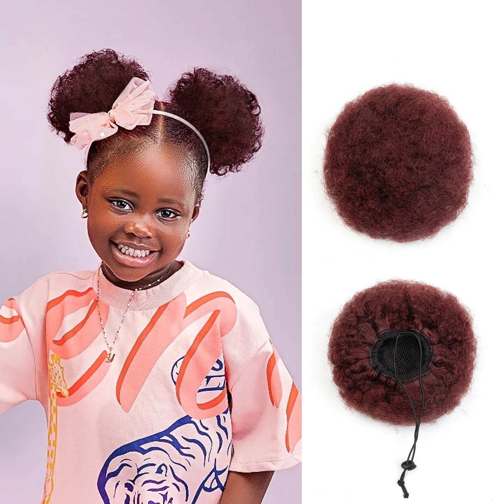 4 Inch Small Afro Puff Natural Human Hair Ponytail for Kids Baby Black Women Short Kinky Curly Ponytail Extension Drawstring Ponytail 4c Fake Bun Children African American Afro Puffs Buns Wine Red 30g