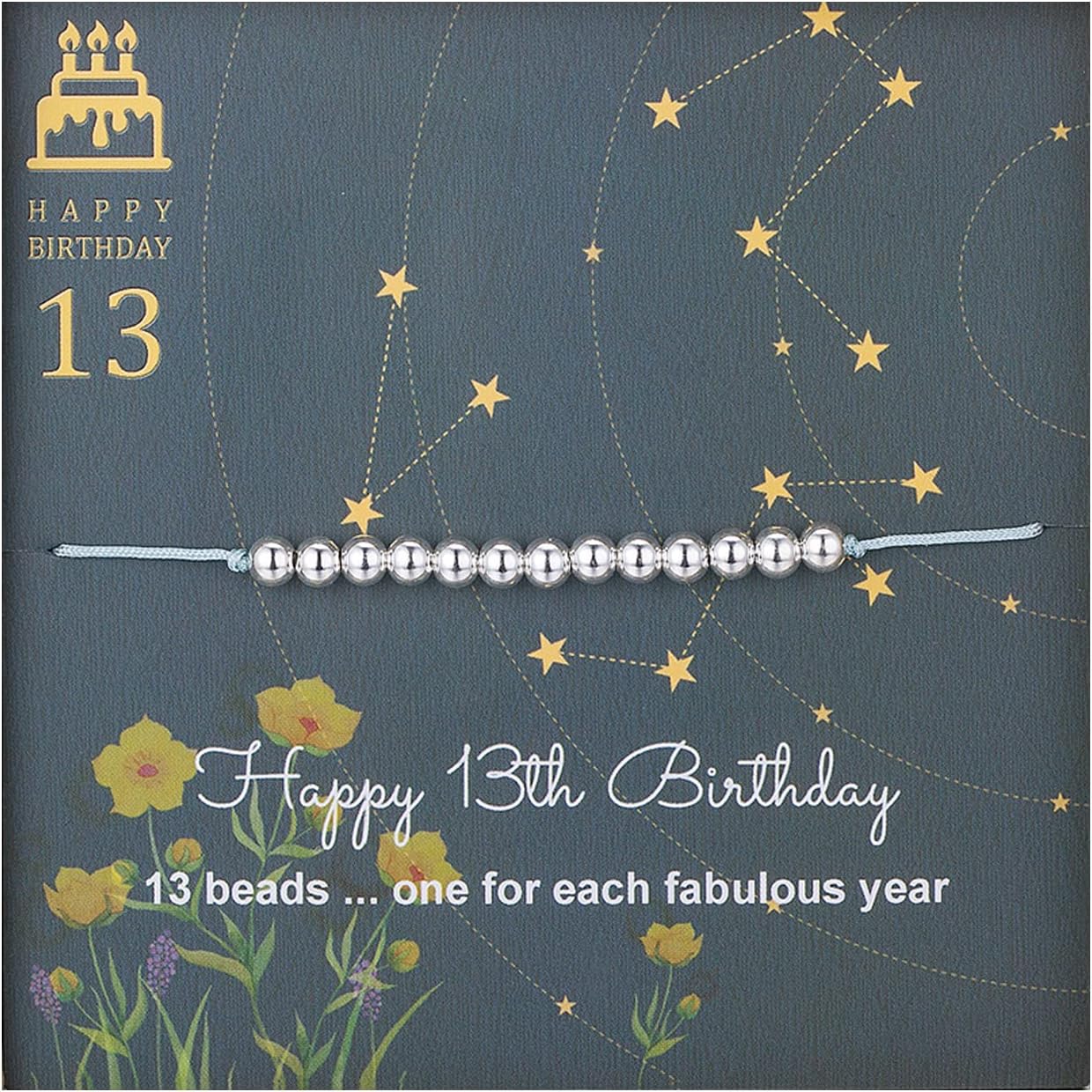 AnotherKiss Happy 13 Year Old Gifts for Girls - Sterling Silver Bead Bracelet for 13th Birthday Gift, Adjustable Jewelry 7" - 9" Cord