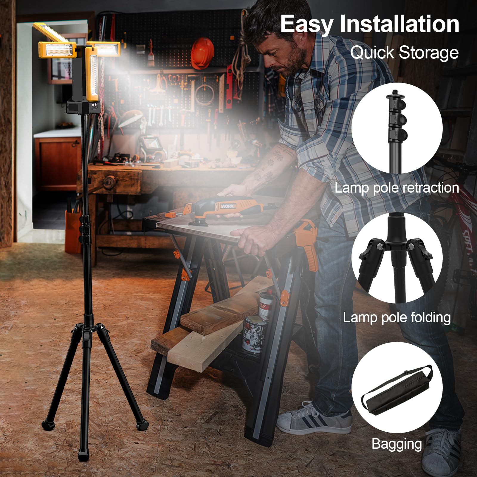 Foco de Construcción LED con Batería Solar con Trípode, Batería de 13200 mAh de Capacidad, Foco Recargable de Trabajo 8000 Lúmenes, Para Obras de Camping, Estudio (Naranja)