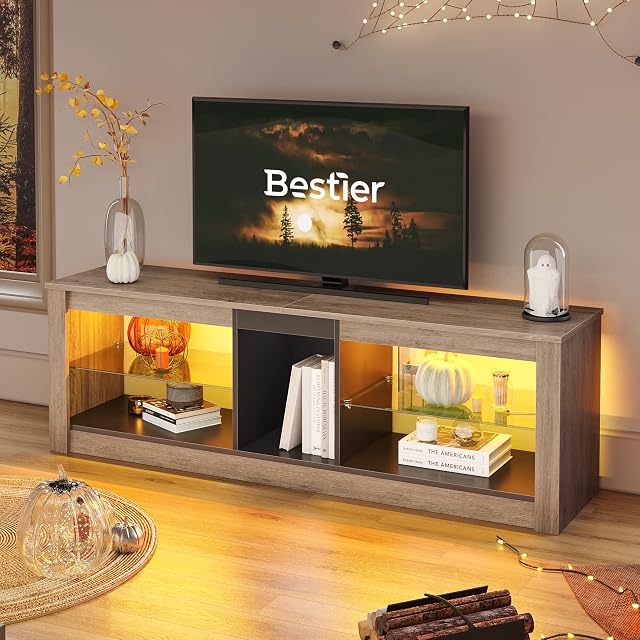 TV Stand Cabinet 140CM Modern TV Unit with Glass Shelf RGB LED Lighted for 65" TVs TV Entertainment Unit with Ambient Lights for Living Room Bedroom