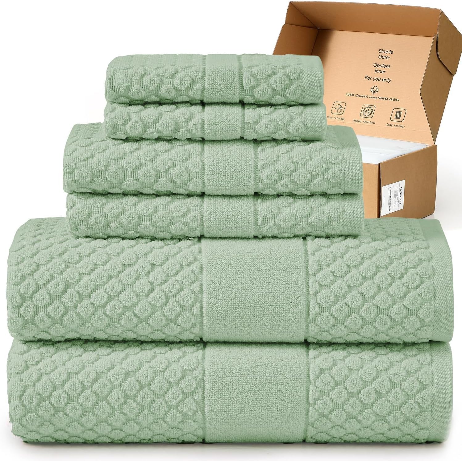 Simple&Opulence 6 Piece Luxury Towel Set, 100% Cotton Bathroom Towels with Hanging Loop (2 Bath Towels, 2 Hand Towels, 2 Washcloths) Stylish, Soft & Absorbent for Home, Hotel, Gym, Spa-Sage Green