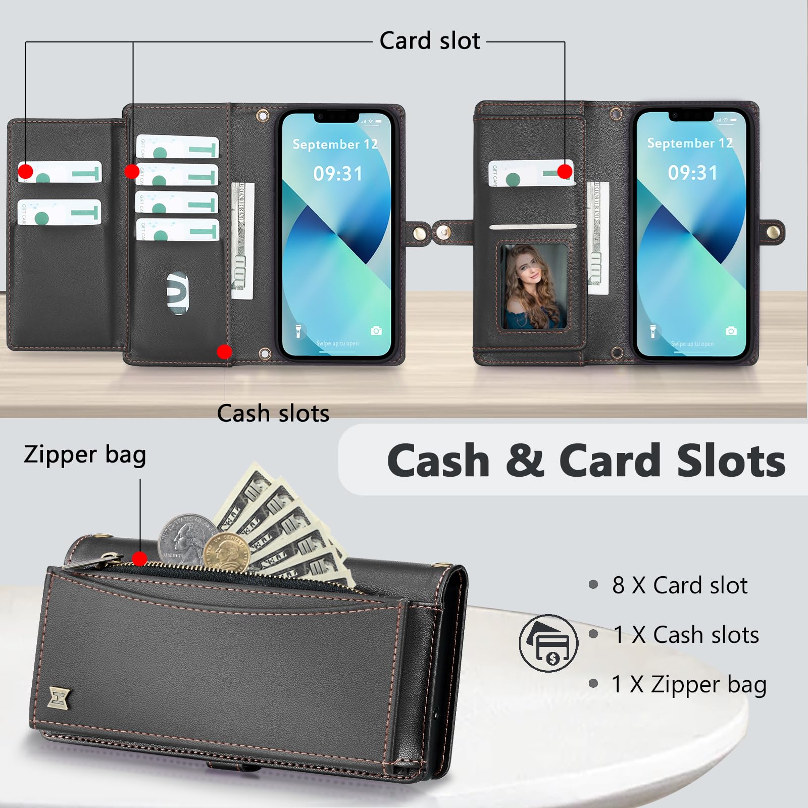 Custodia a portafoglio per iPhone 13 con porta carte di credito/portafoglio a tracolla/cinturino, blocco RFID, magnetica, cavalletto, staccabile, custodia in pelle PU per iPhone 5,2 pollici