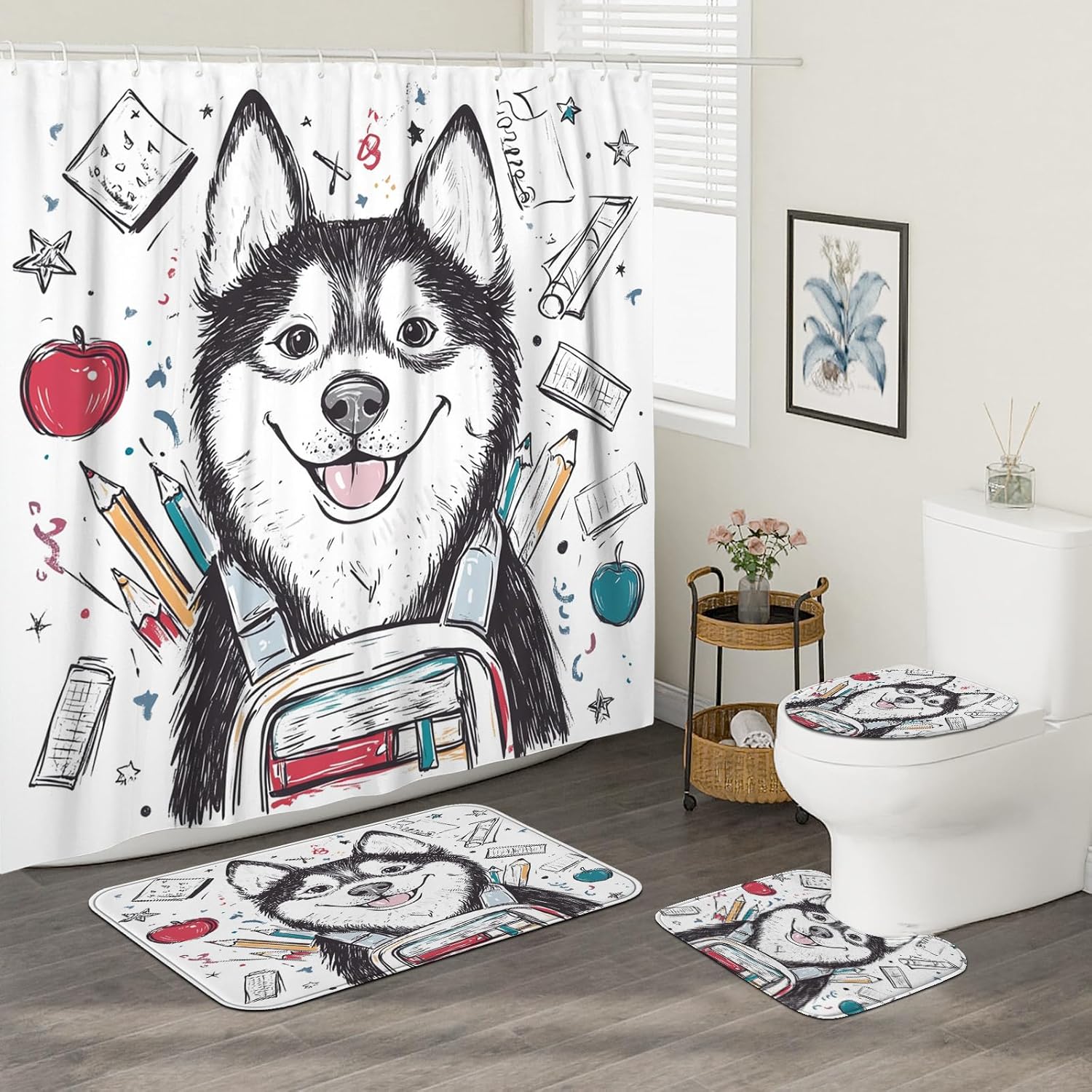 4PCS Cute Husky Dog Bathroom Accessory Sets with Non-Slip Rug, U Shape and Toilet Lid Cover Mat, Back to School Kid Bathroom Fabric Decor-72''x72''
