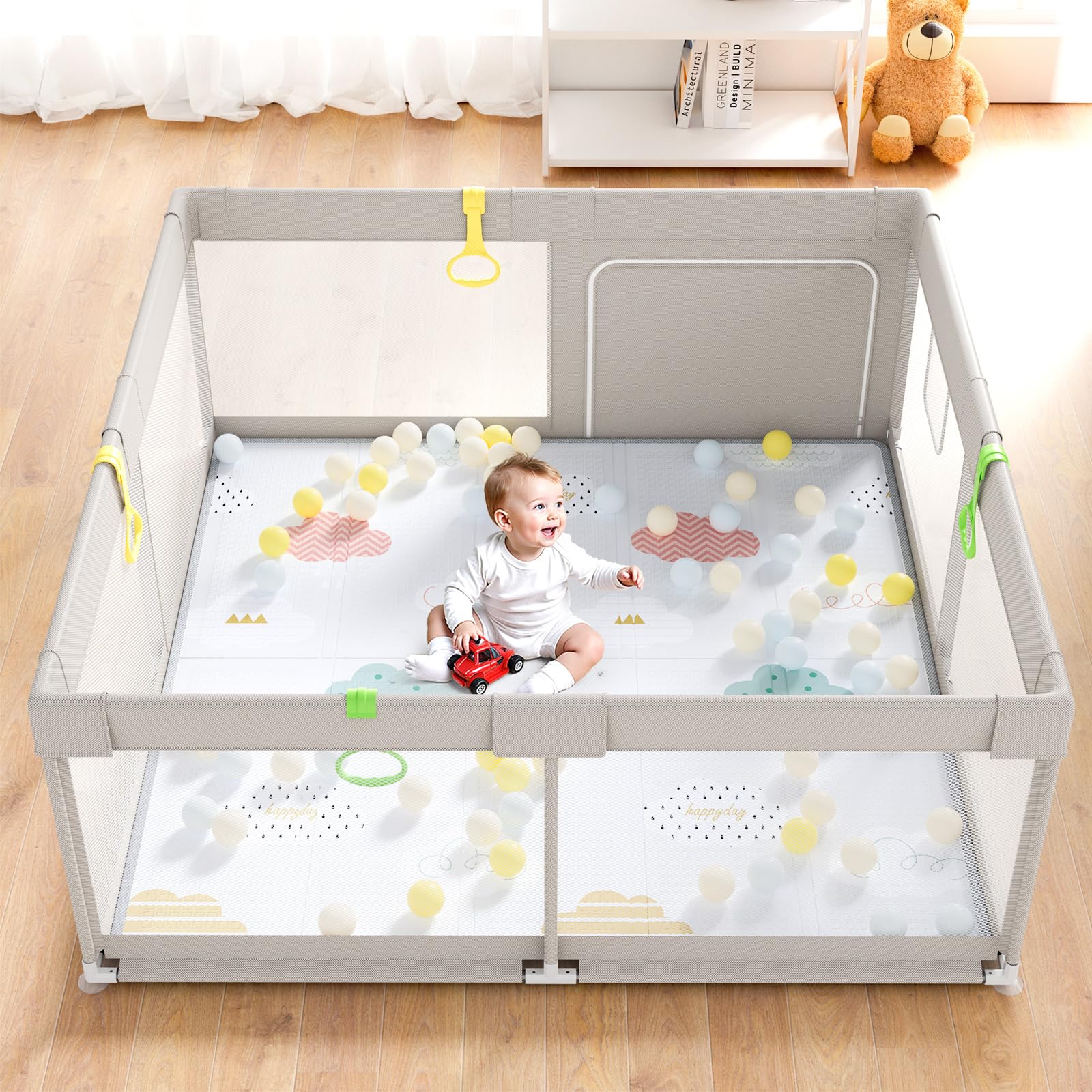 Parc Bebe avec Tapis 150x150 cm - Grand Parc Enfant XXL | Tapis Parc Bebe 150x150 cm，Oxford facile à nettoyer, filet respirant sans BPA, ventouses antidérapantes
