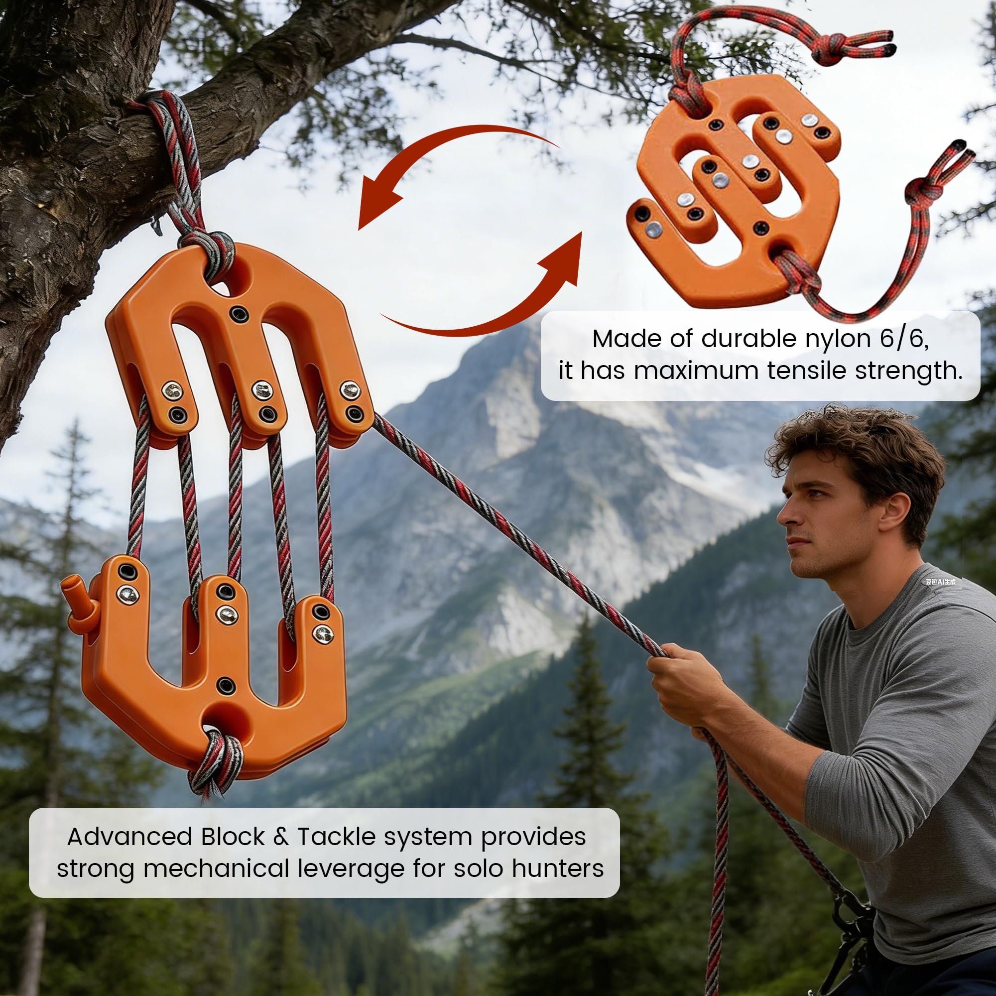 Game & Gear Hoist, Portable Nylon Block and Tackle System, Ultralight Tactical Built for The Solo Hunter, Compact High Weight Capacity Pulley, Game Lifting Tool for Backcountry Huntingear - 5
