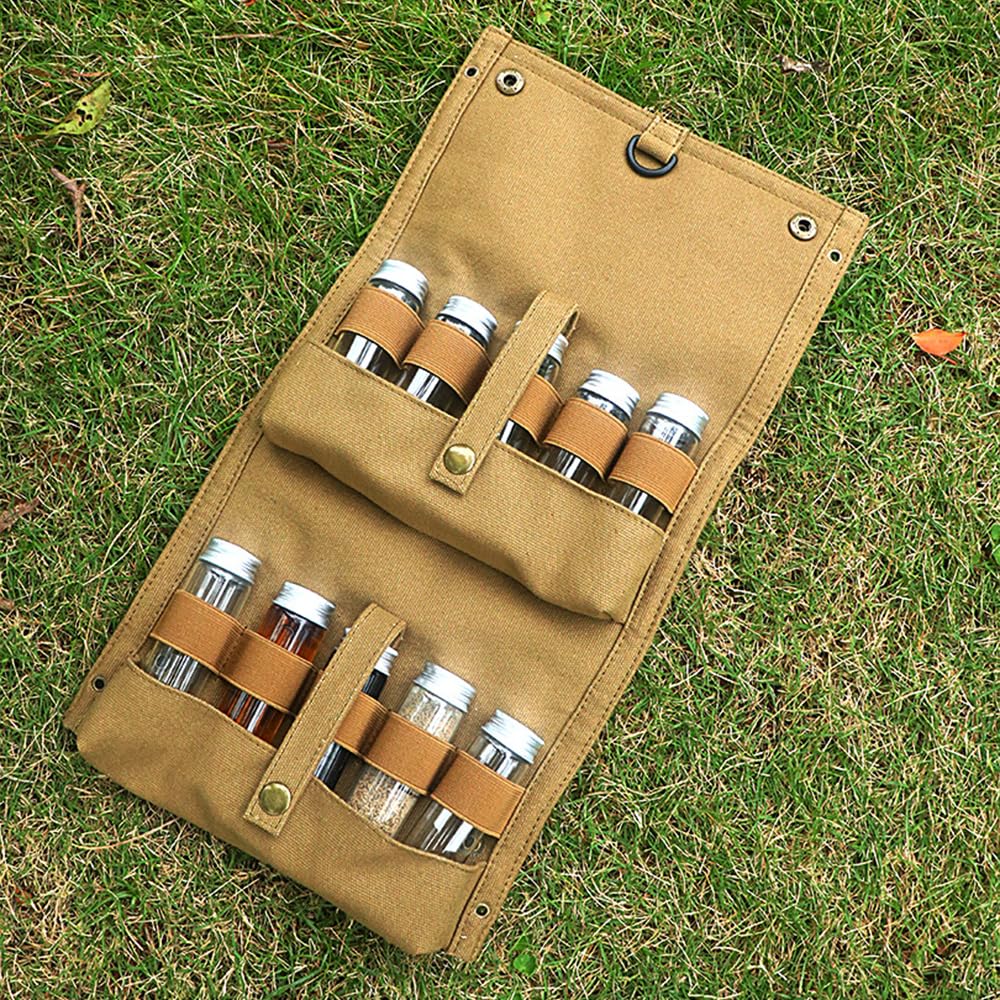 Gewürzgläser Set für Camping 23×12×7 cm Tragbarer Gewürzbeutel mit 10 Gewürzgläser Faltbarer Leinwand Picknick Grill Gewürz Flasche Aufbewahrungstasche Organizer für Reisen Outdoor BBQ (Khaki)