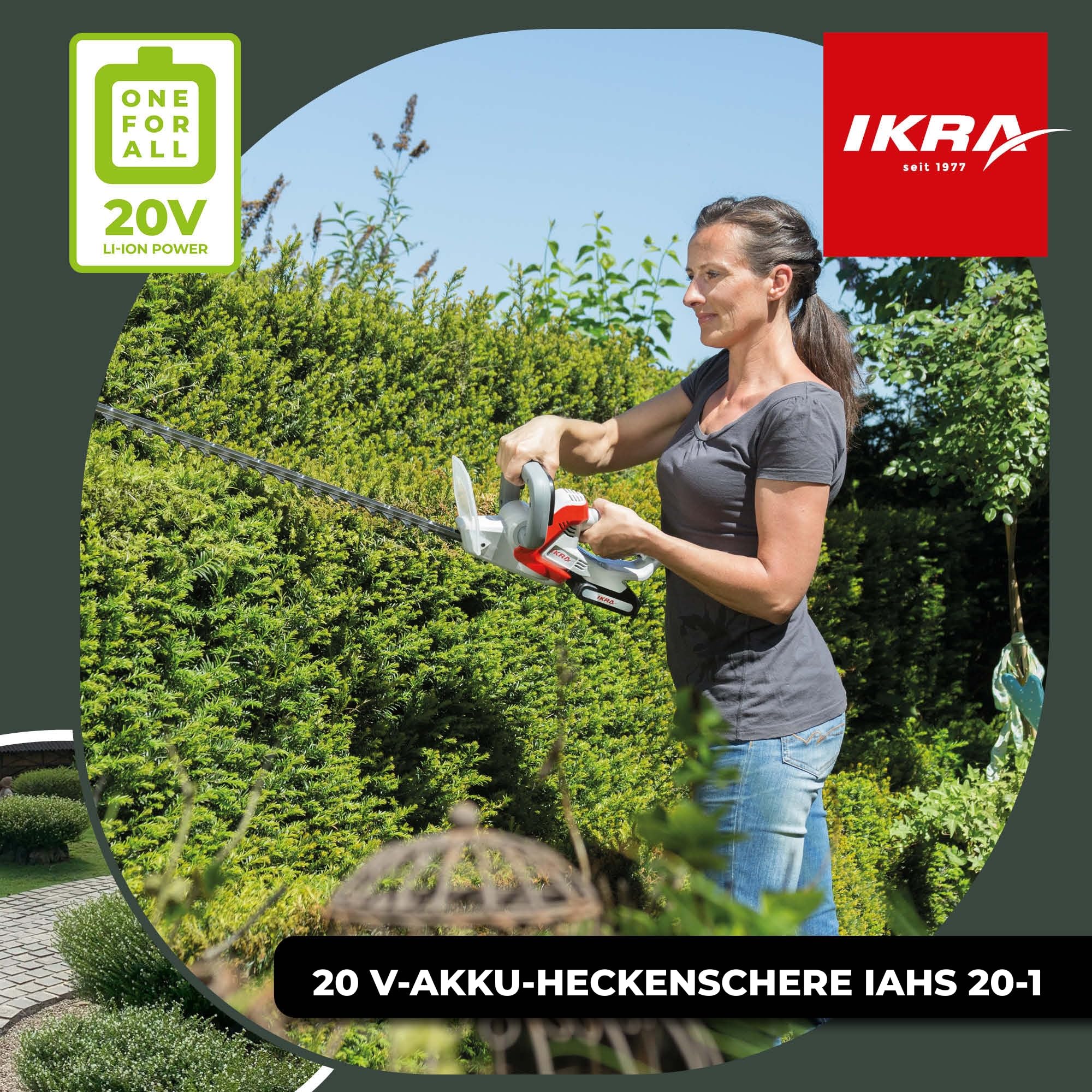 IKRA Heckenschere IAHS 20-1 inkl. 2 Akkus 20V & Schnellladegerät | Schnittlänge 54cm, Schnittstärke 18mm, Rundgriff mit Softgrip, Messer mit Anschlagschutz, 20 Volt Akku-Familie von IKRA