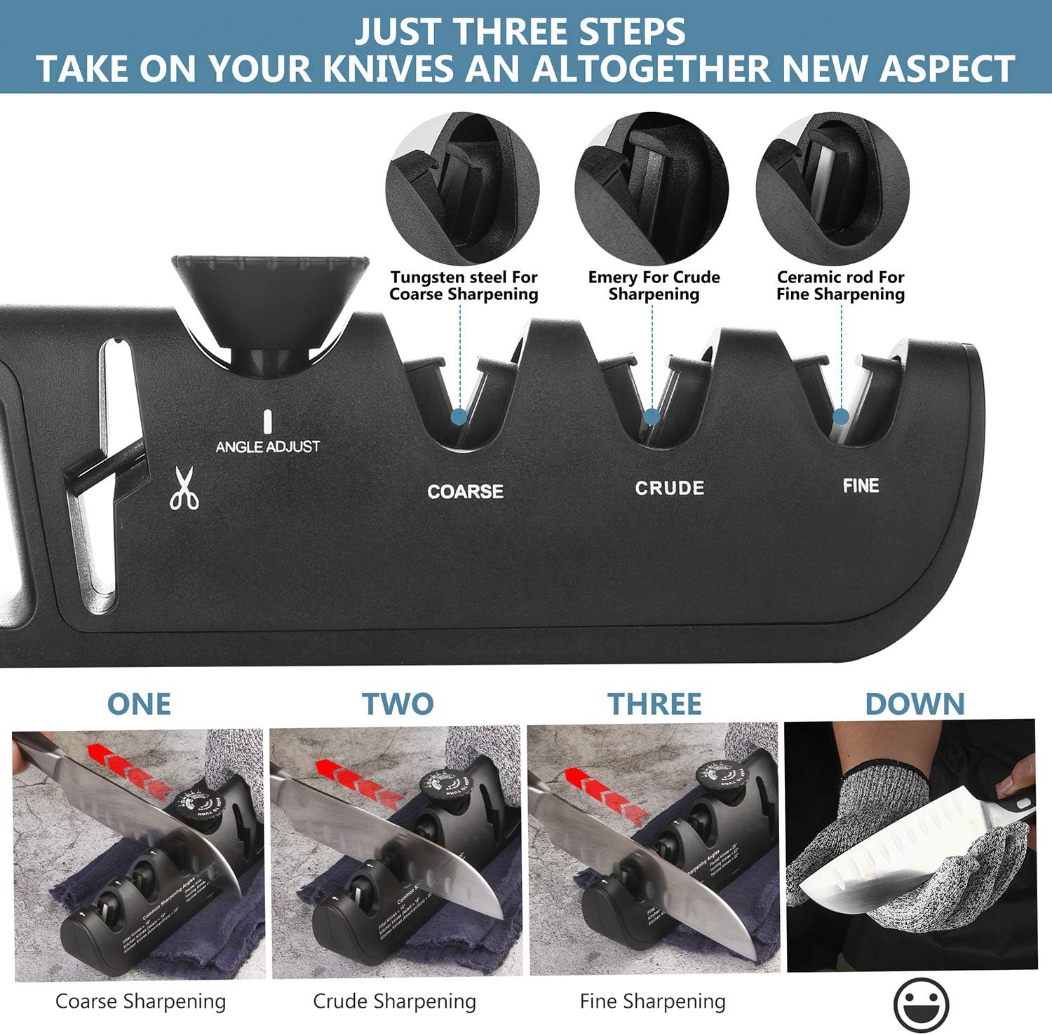 Knife Sharpener MOTEM 4 In 1 Kitchen Knife Sharpener and Scissor Sharpener: Helps Repair, Restore and Polish Quickly with Adjustable Angle Button for Various Knives