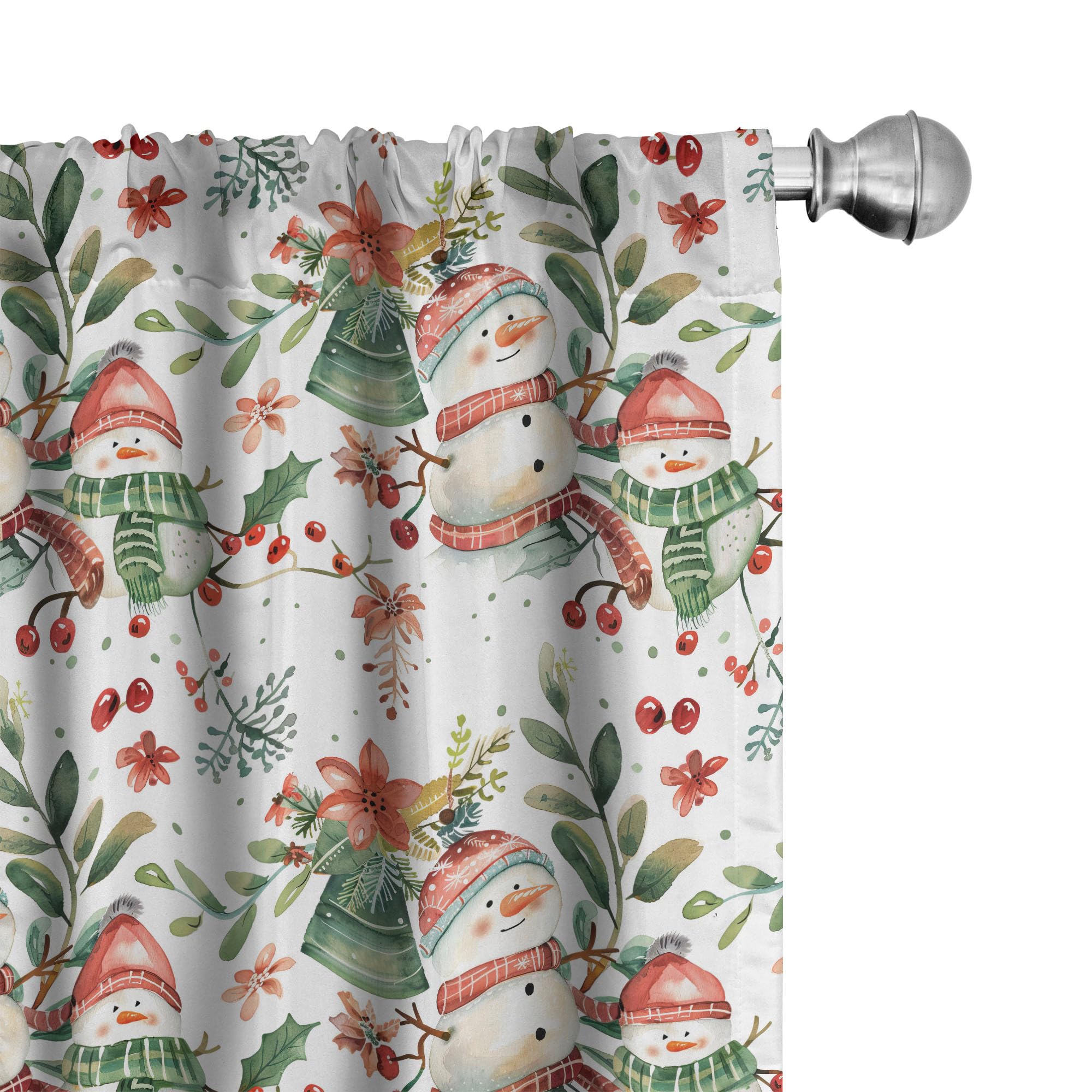 Ambesonne Christmas Window Curtain Panels 4 Pack, Merry Xmas Vibe with Snowmen Bells and Leaves Illustration Print, Lightweight Set with Rod Pocket, 4