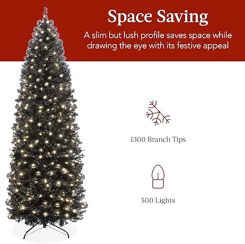 Miniatura 9 de Best Choice Products Árbol de Navidad de lápiz negro preiluminado de 7.5 pies, árbol de vacaciones delgado artificial delgado para el hogar,