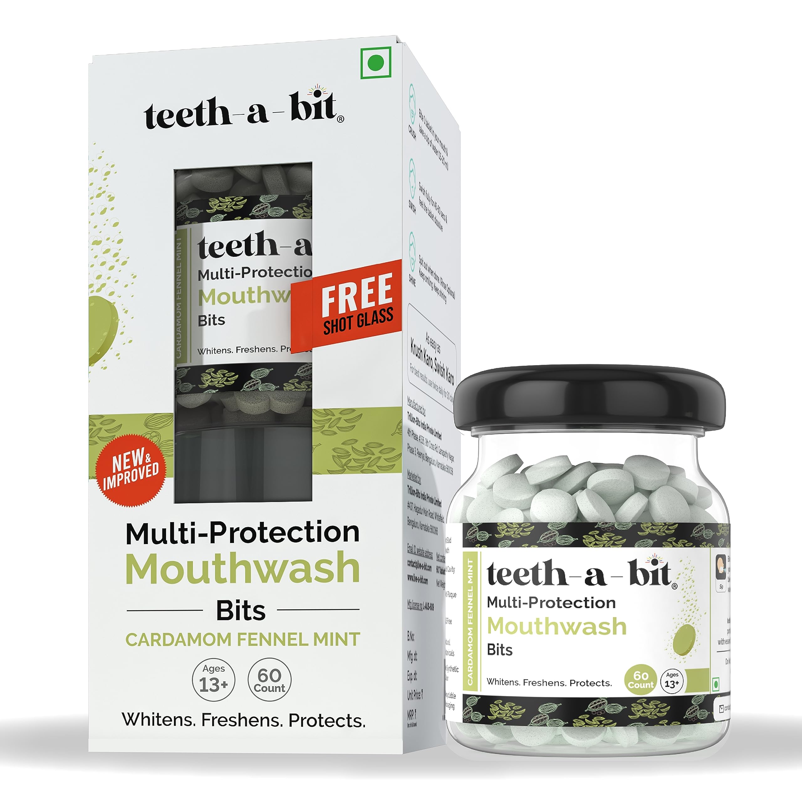 teeth-a-bit Multiprotection Cardamom Fennel Mint Mouthwash Bits | No Alcohol, Artificial Flavors & Colors | Fights Germs | Freshens Mouth | Equal to 1200ml of liquid mouthwash (1 Pack, 60 Count) (B0B2KJ3T9X) Amazon Price History, Amazon Price Tracker