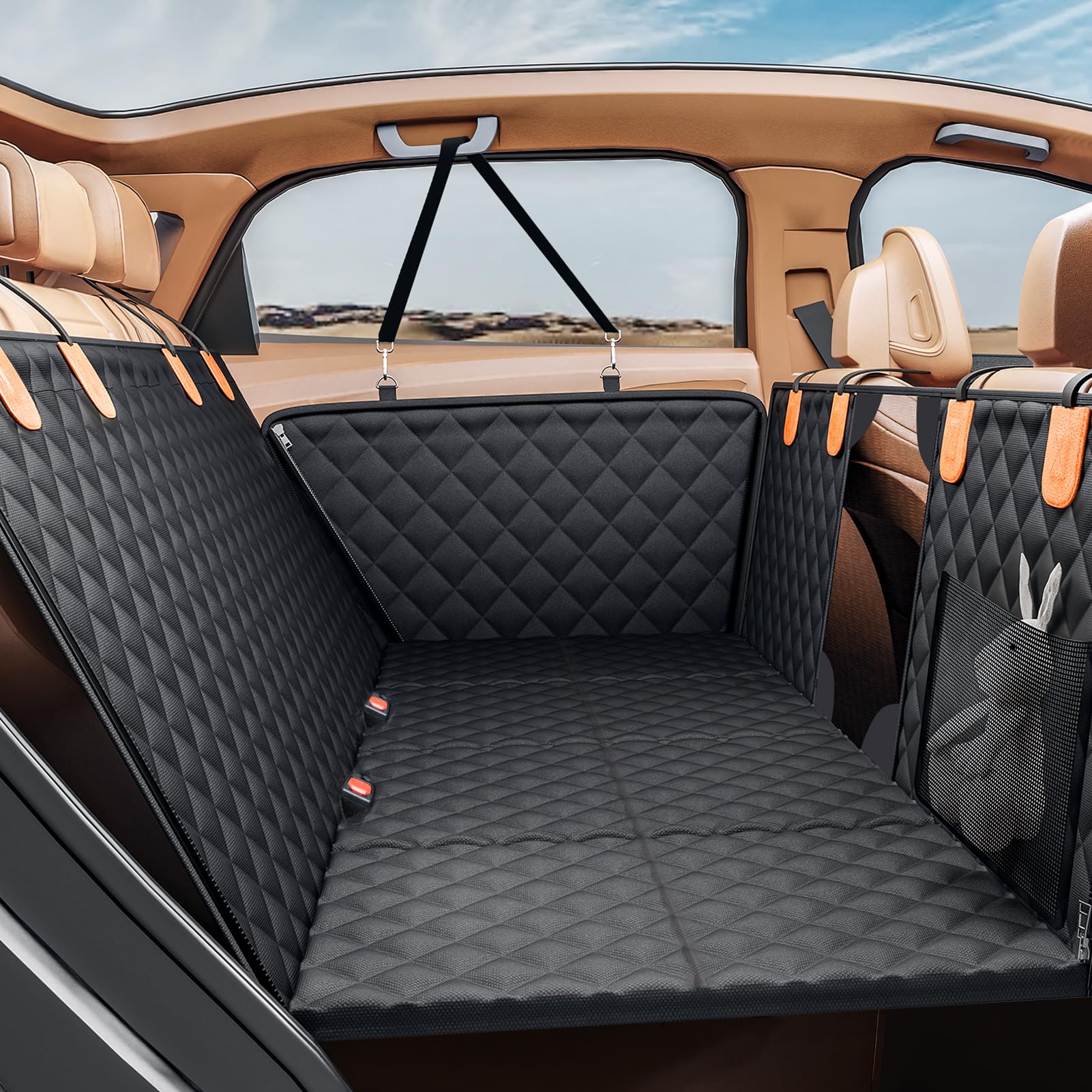 PETICON Back Seat Extender for Dogs, Hard Bottom Dog Car Seat Cover - Supports 400lbs, Rear Seat Pet Cover with Mesh Window, Waterproof Dog Hammock for Car SUV and Trucks