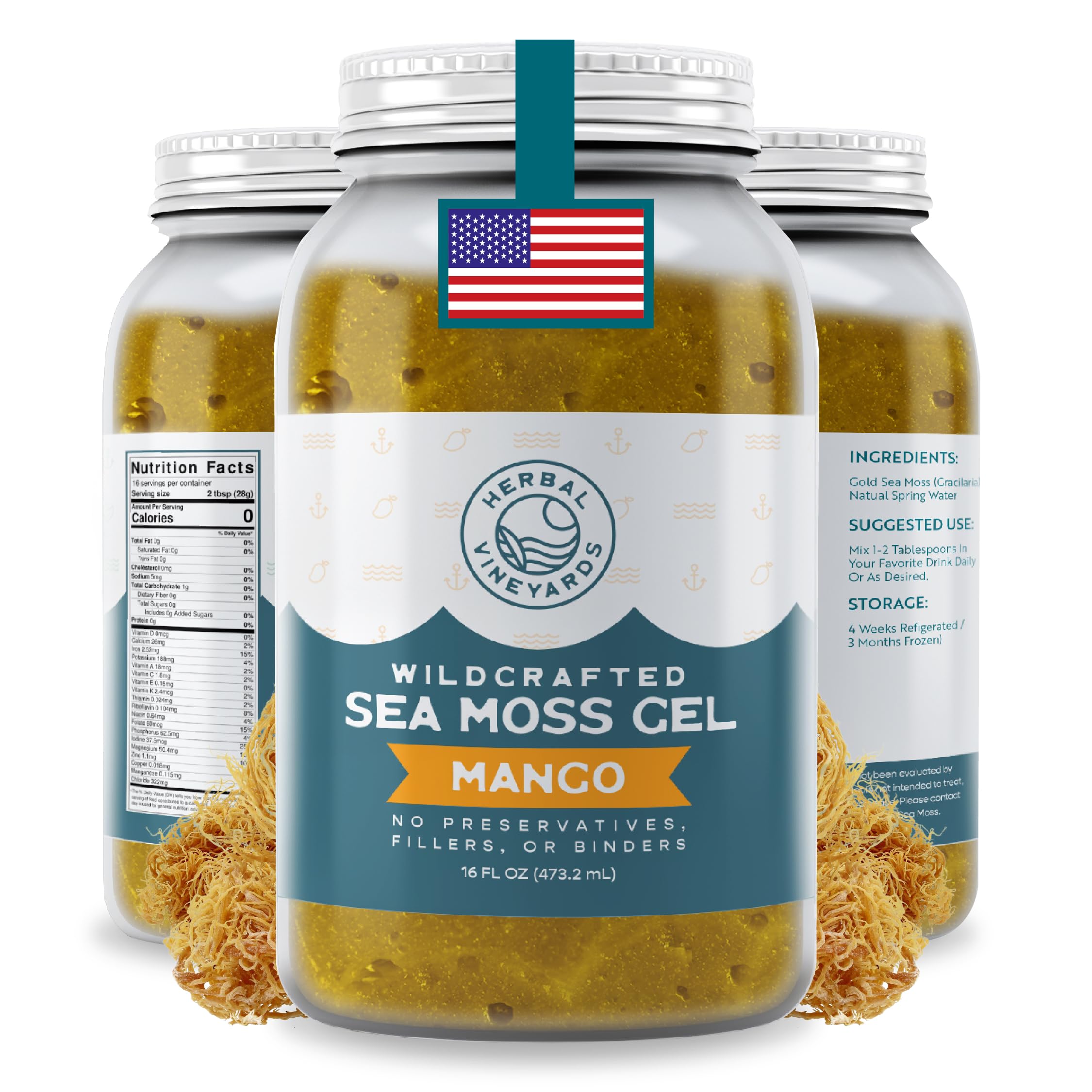 Herbal Vineyards Wildcrafted Irish Mango Sea Moss Gel 16 Oz - Organic Seamoss Gel Made with Dried Seaweed & Fresh Sea Vegetables, Natural & Plant-Based, Harvested in Pristine Waters, USA