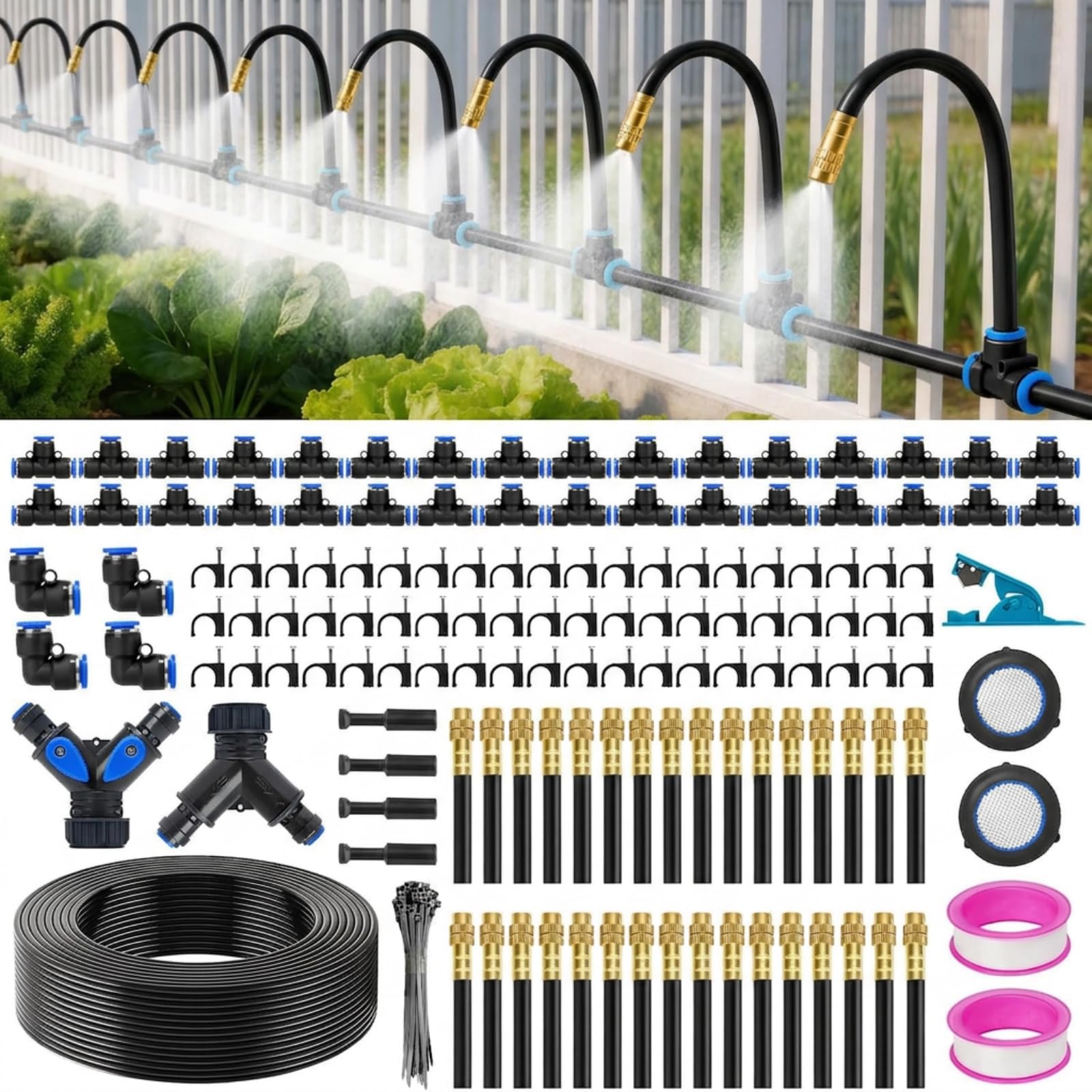 Sistema de riego por goteo de 60 m (200 pies) 5/16 pulgadas, kit de aspersor de jardín actualizado 2026 con 32 boquillas de cobre ajustables de 360°, sistema de riego automático por nebulización para