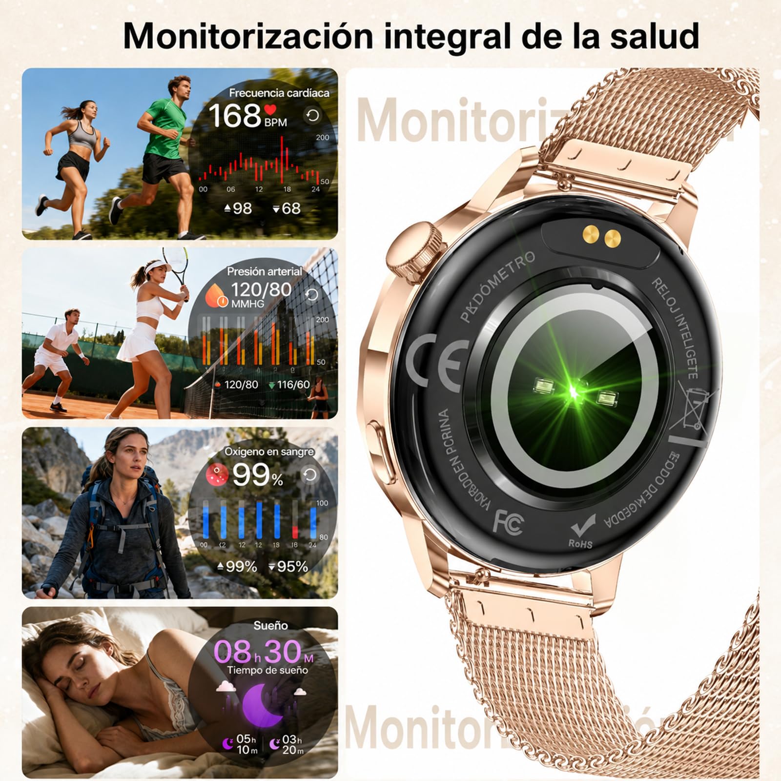 Efolen Reloj Inteligente Mujer con Llamadas Bluetooth, 1.27" Smartwatch Mujer Redondo con 2 Correas, 120+ Modos Deportivos, Pulsómetro, SpO2, Sueño, IP68 para Android iOS, Oro Rosa