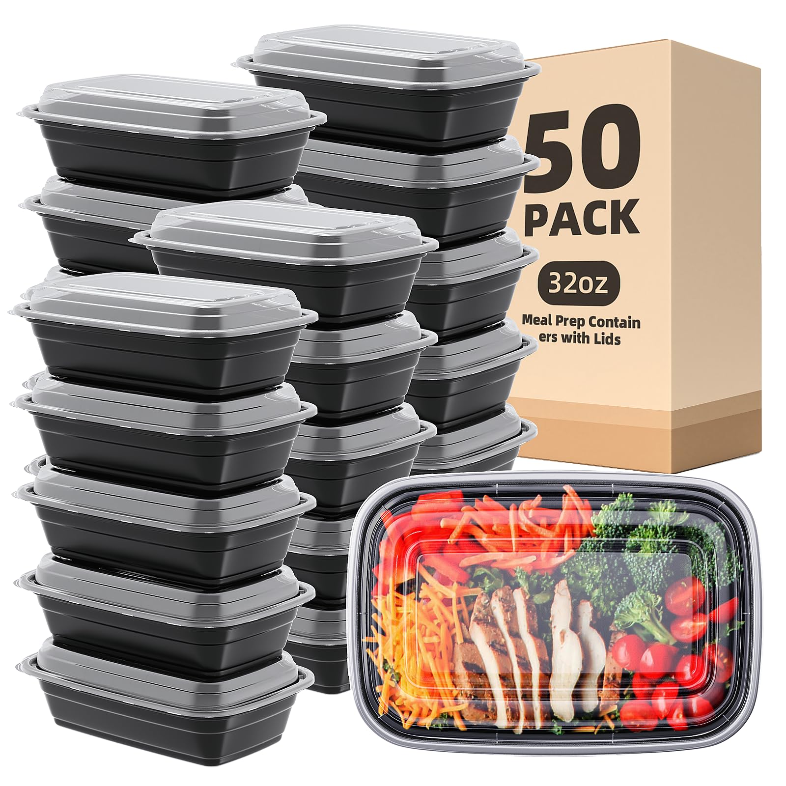 Femora 50 Pack 32 oz Reusable Meal Prep Containers with Lids - Bento Plastic Lunch Box for Food Storage, Take-Out & Meal Prep | Microwave, Dishwasher, Freezer Safe