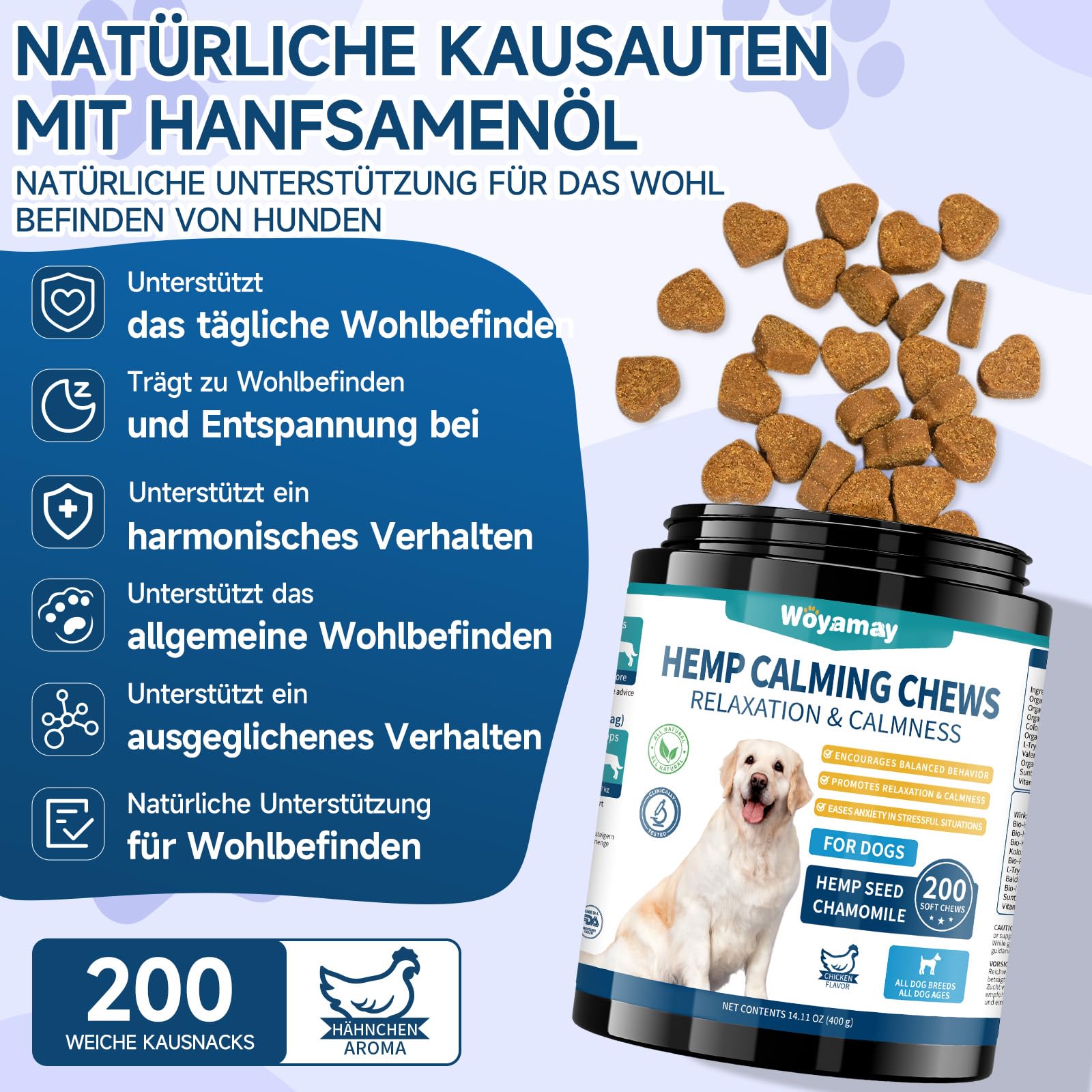 Woyamay Beruhigungsmittel für Hunde-200 Stück Natürliche Beruhigungsmittel Snacks für Hunde, Gegen Trennungsangst, Bellen, Feuerwerk & Gewitter – für Alle Hunderassen, Hähnchengeschmack