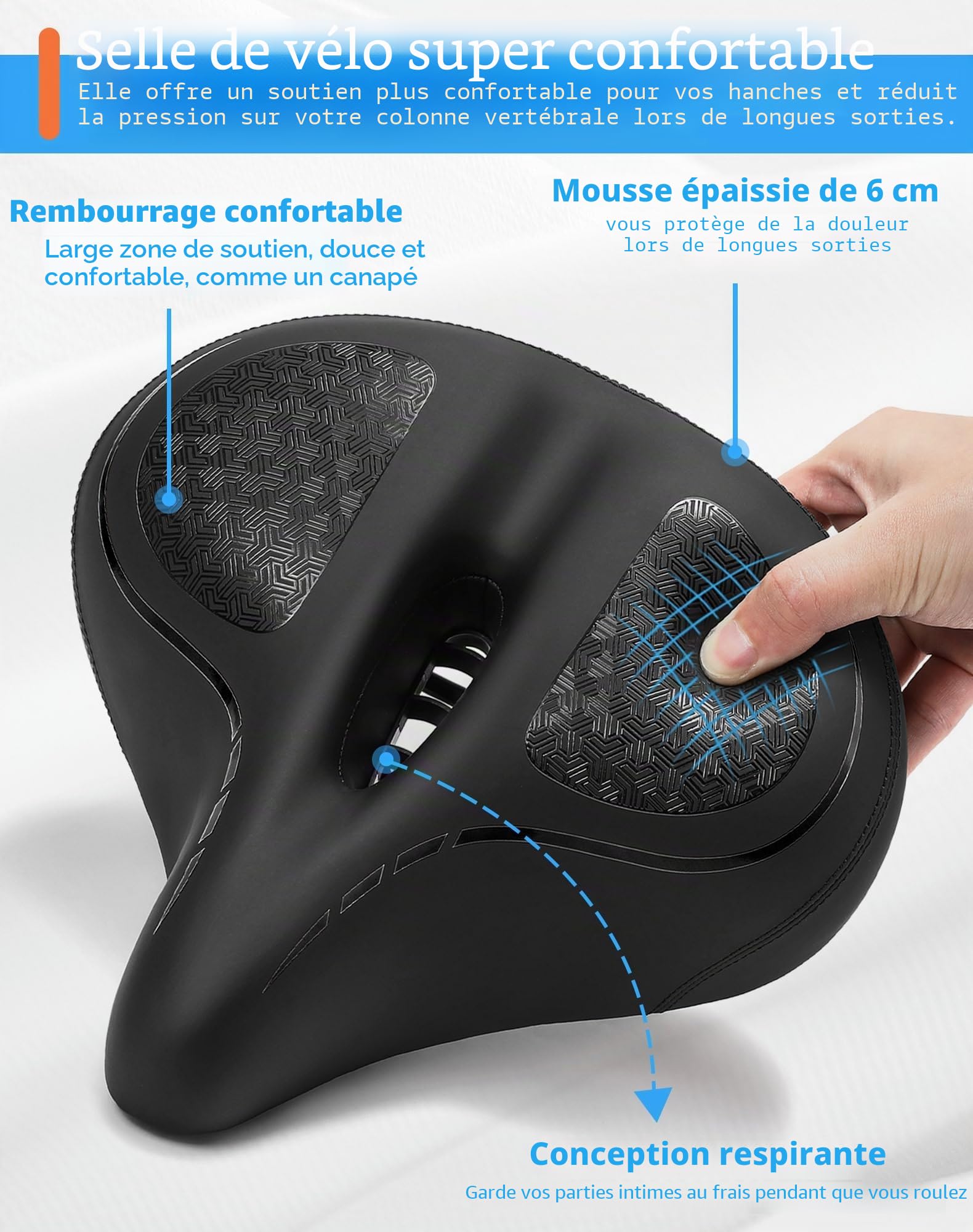 CDYWD Selle de Velo Ultra Confortable Homme et Femme, Large, avec Suspension, Rembourrage Doux, Ventilation, Ergonomique Selle Confort Velo pour VTT, Vélo de Ville, Ebike, Vélo Stationnaire