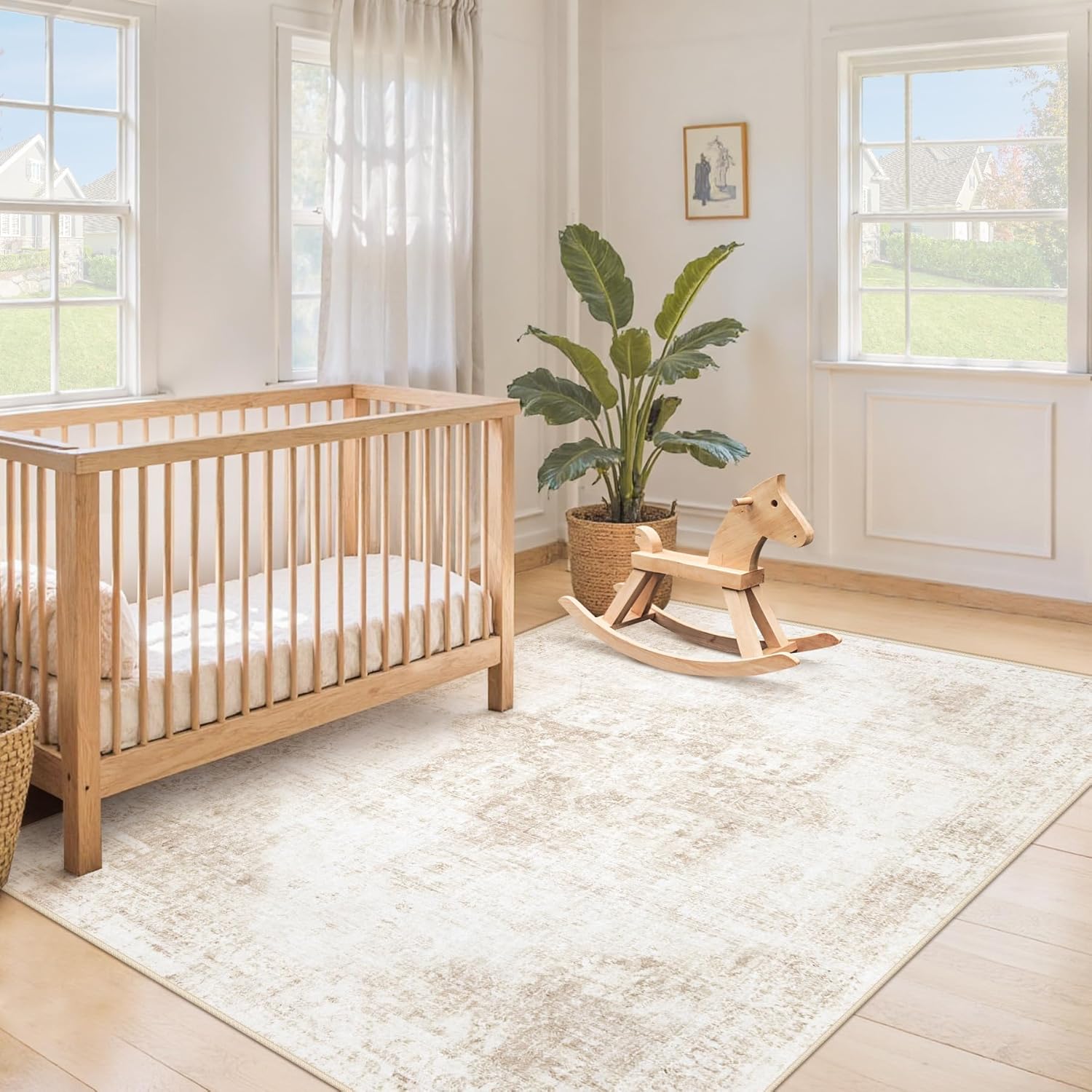 Area Rug 4x6 Washable Rug, Vintage Boho Medallion Rugs Non-Slip Soft Low Pile Distressed Rug Indoor Retro Carpet for Living Room Bedroom Dining Room Home Office (Beige, 4'x6')