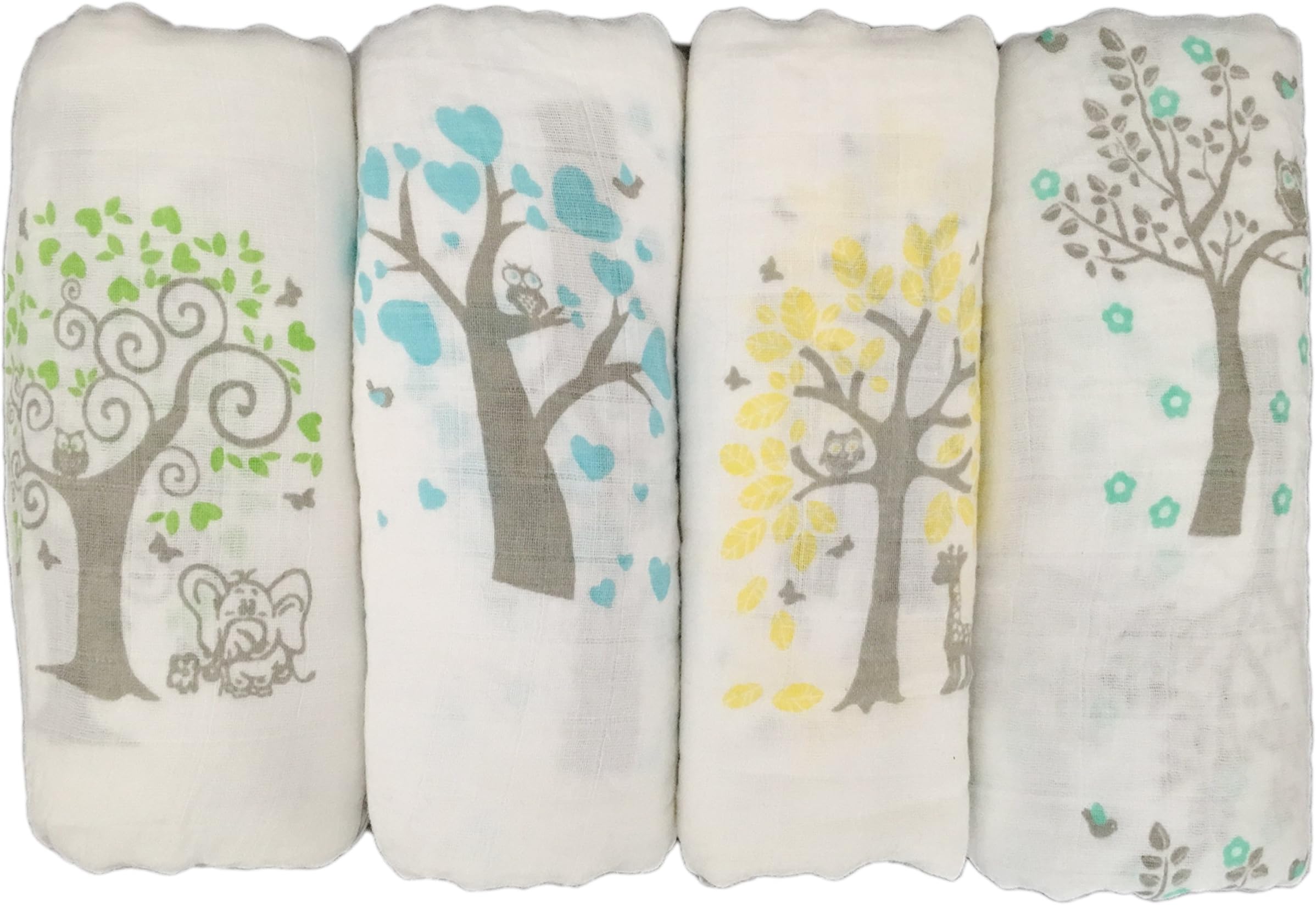 Seben Baby Muslin Swaddle Blankets 4 Pack - 100% Cotton - 47 inch x 47 inch (Tree Bird Owl)